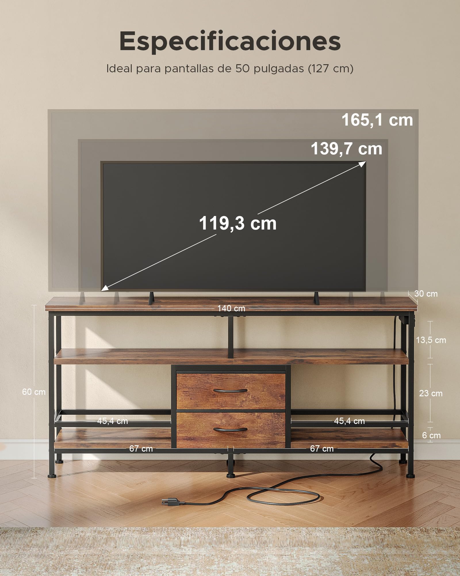 CO-Z Mueble TV Tono Madera 140×30×60 cm, Mueble de Salon para televisores de 43–65 pulgcon Iluminación LED y Estación de Carga Desmontable, Estantes Abiertos con Cajones de Tela
