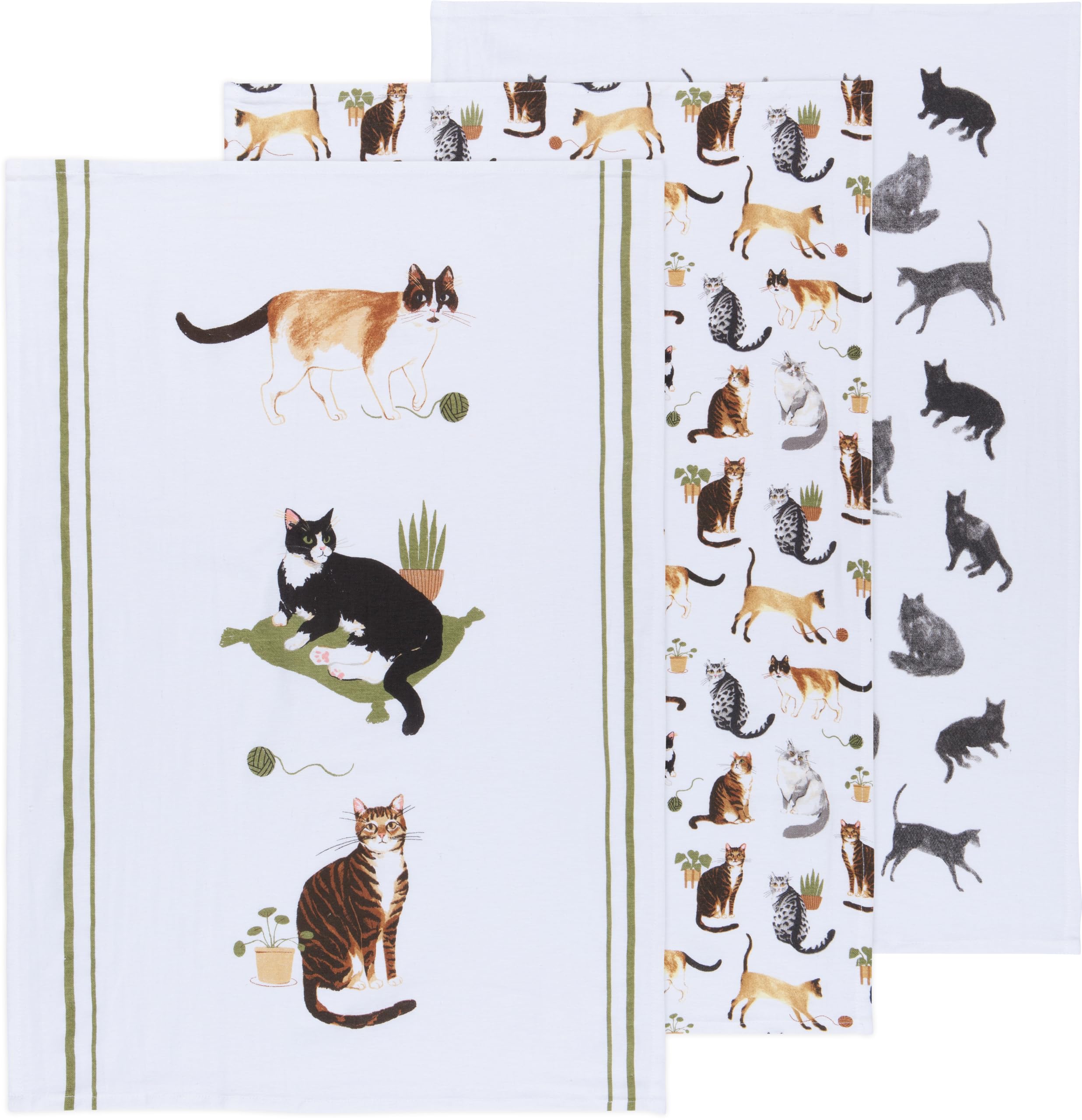 Now Designs Floursack Kitchen Towels Quick Dry Cotton Hand Towel Set, 3 Count, Cat Collective, 20 x 30 in