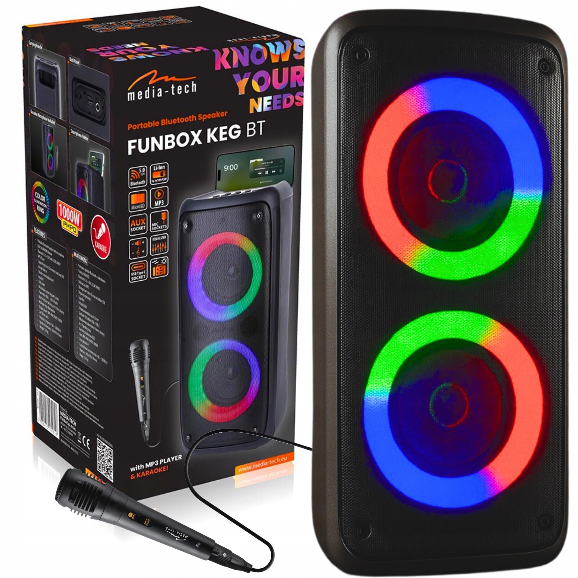 Media-Tech FUNBOX BT MT3181 Karaoké Enceinte Bluetooth Portable avec Microphone Bluetooth 40 W RMS, Prend en Charge Les Cartes Micro SD, éclairage Couleur RVB