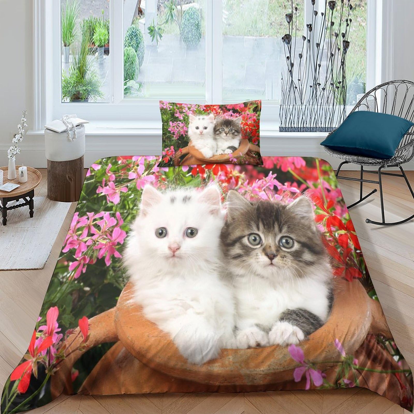 Housse de couette chat en peluche parure de lit 3 pièces microfibre 135x200