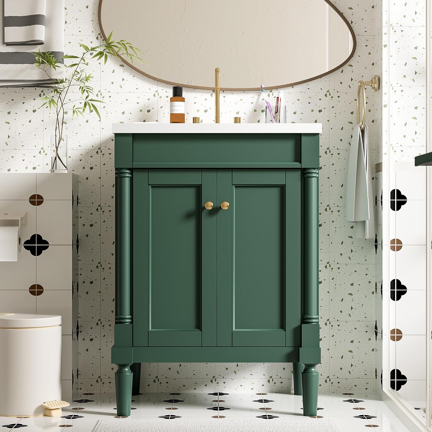 LUMISOL 24" Bathroom Vanity with Ceramic Sink, Free Standing Bathroom Vanity with Soft-Closing Doors, Adjustable Shelves, Wooden Small Bathroom Cabinet with Undermount Basin, Green