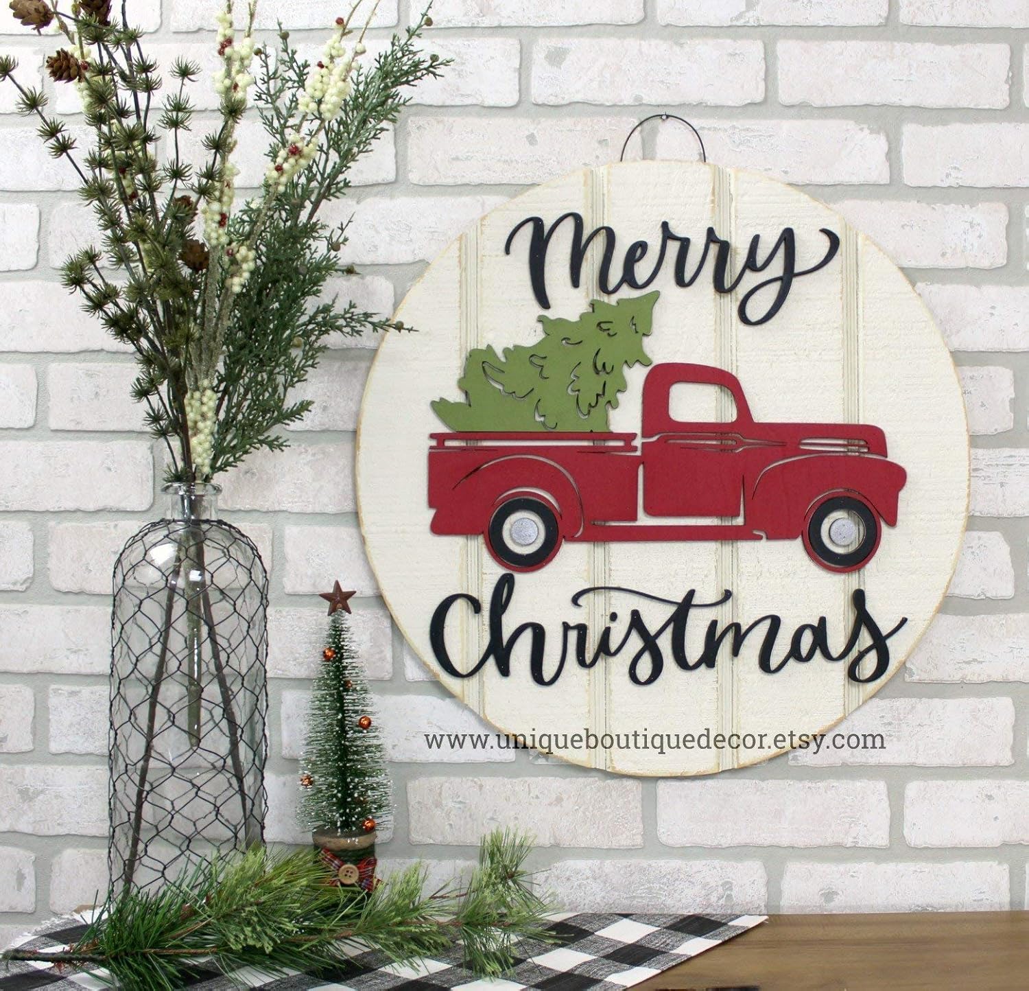 MarthaFox Vintage Red Truck Christmas Door Sign Farmhouse