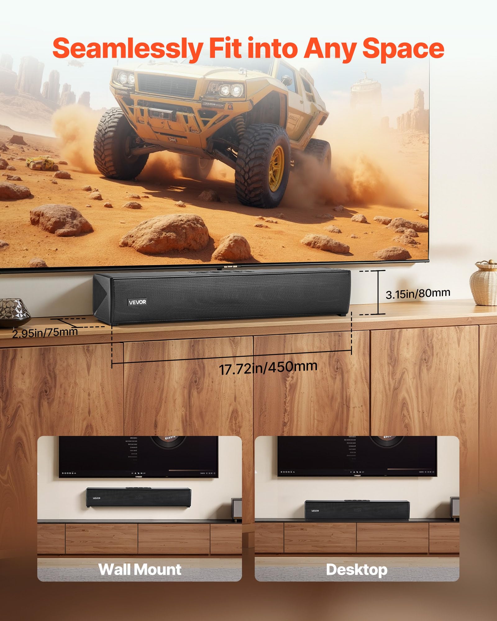 VEVOR Sound Bar do Smart TV, 2.0-kanałowy, kompaktowy soundbar, do projektora, połączenie Bluetooth AUX, pilot zdalnego sterowania, łatwa konfiguracja, system dźwięku przestrzennego 80 W, do komputera