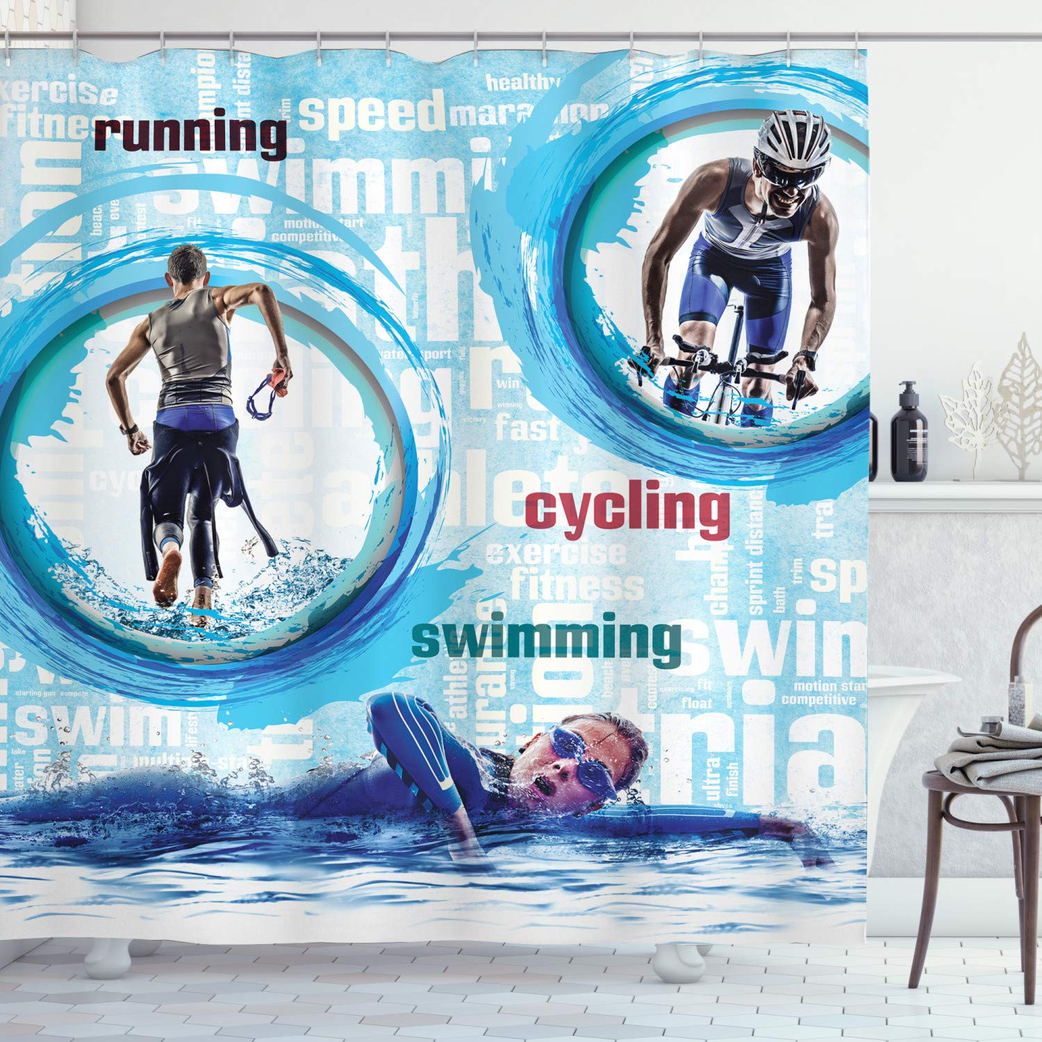 Ambesonne Triathlon Shower Curtain, Olympics Sports Themed Composition with Running Cycling Swimming, Cloth Fabric Bathroom Decor Set with Hooks, 75" Long, Sky Blue and Multicolor