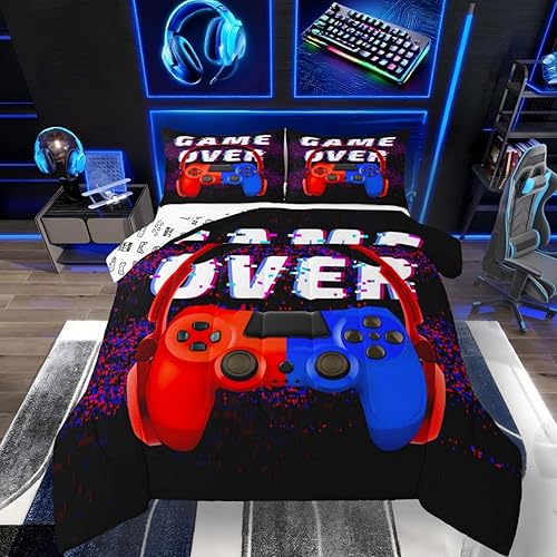 Erosebridal Teens Gamer Duvet Insert Full Size, Boys Game Joysticks Bedding Set, Child Gaming Console Comforter Kids Gampad Video Games Quilted Duvet, Old Retro Machine Bedroom Decor, Multi 30