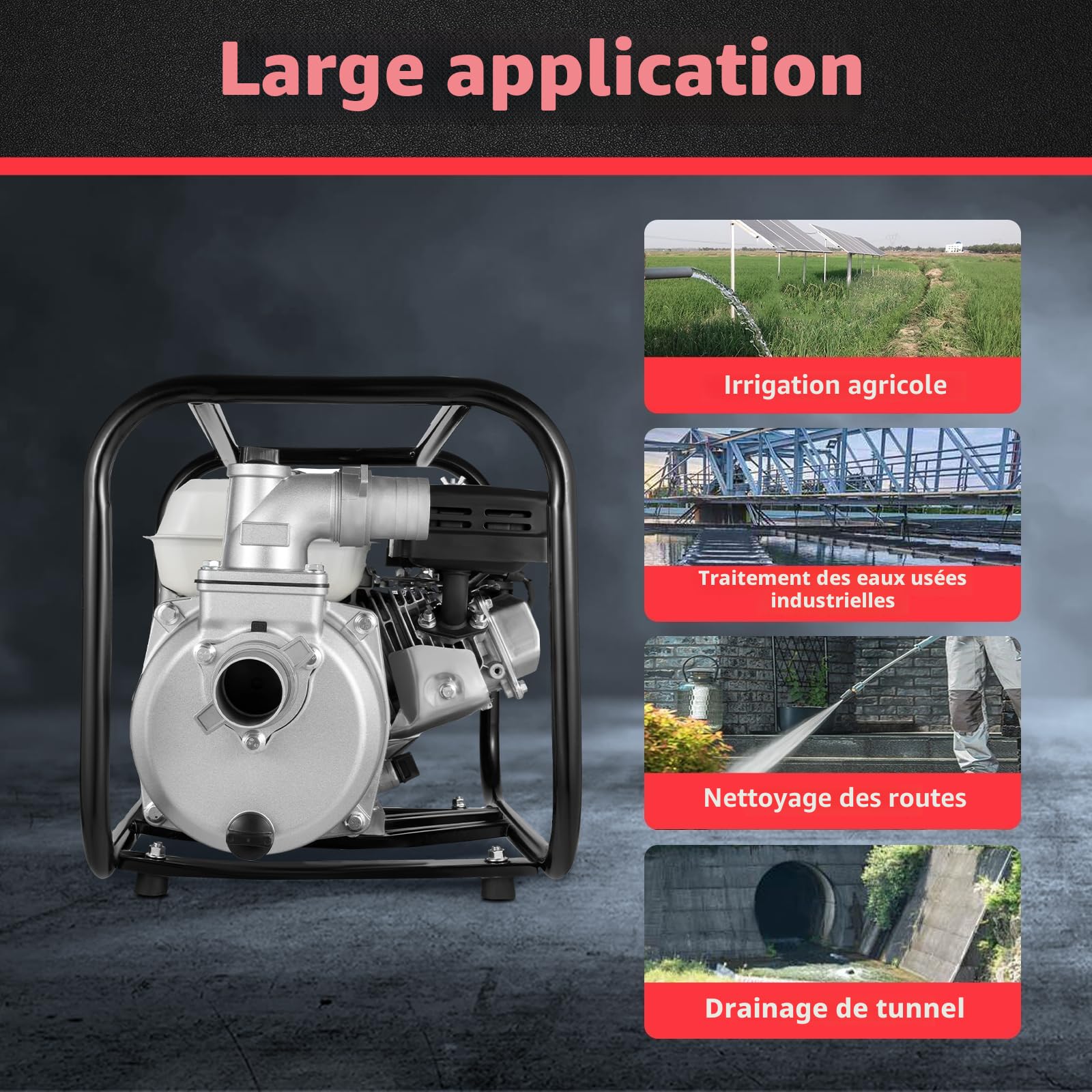Pompe à eau à essence Moteur 4 temps 6,5 CV 210 CC 4,8 kW Motopompe eaux usées Raccord 2 pouces Hauteur refoulement 28 m Débit 36000 l/h