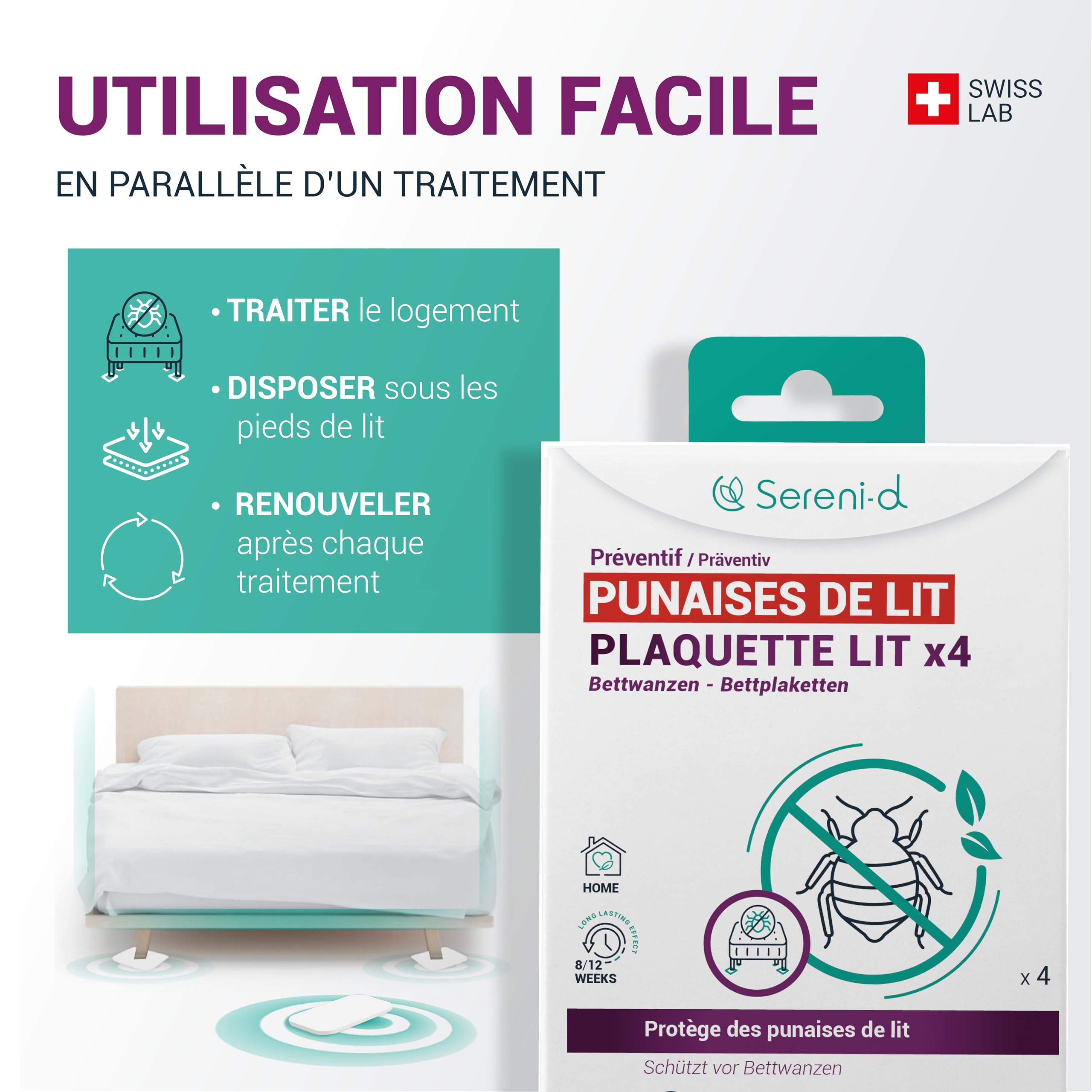 PLAQUETTES LIT Répulsives Punaises de Lit - Protège des punaises de lit pendant votre sommeil - x4