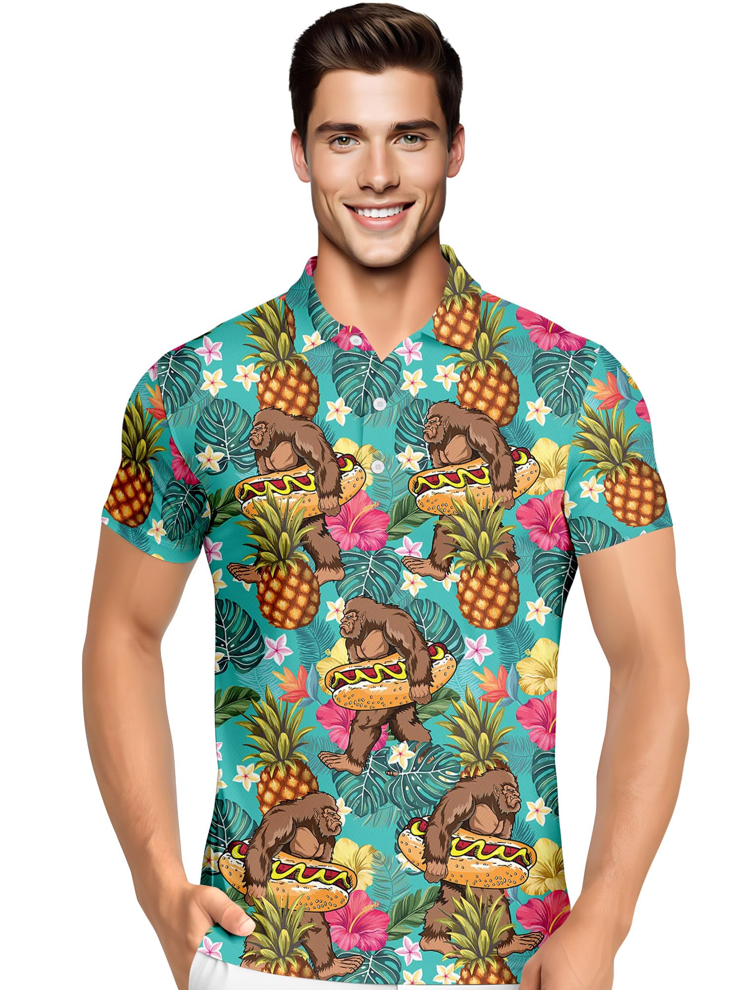 PAGYMO Golf Shirts for Men Crazy Print Funny Hawaiian Mens Polo Shirt