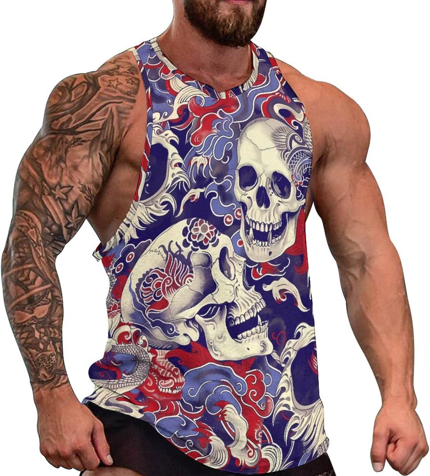 MARSVOVO Mens US Flag Tank Tops Skull Graphic Print Sleeveless Crew Neck Western Shirts for Men Fashion Vest