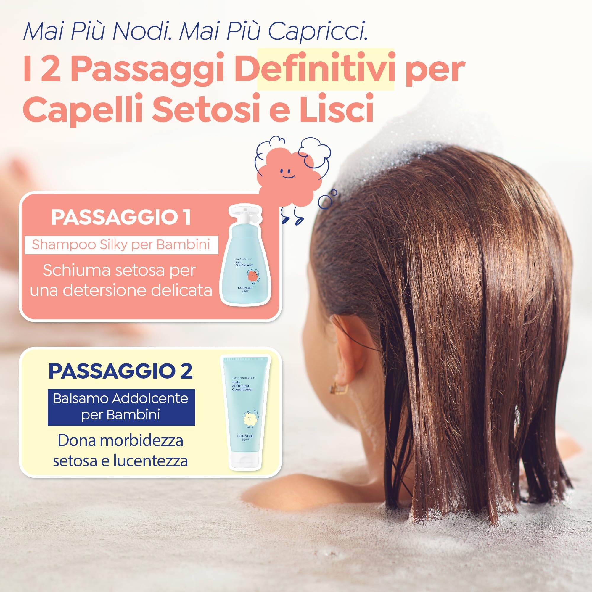 GOONGBE Shampoo setoso per bambini, shampoo ammorbidente coreano per bambini, cura brillante e lucida per capelli deboli, crespi e inclini ai nodi, formula a basso pH e senza silicone, profumo senza