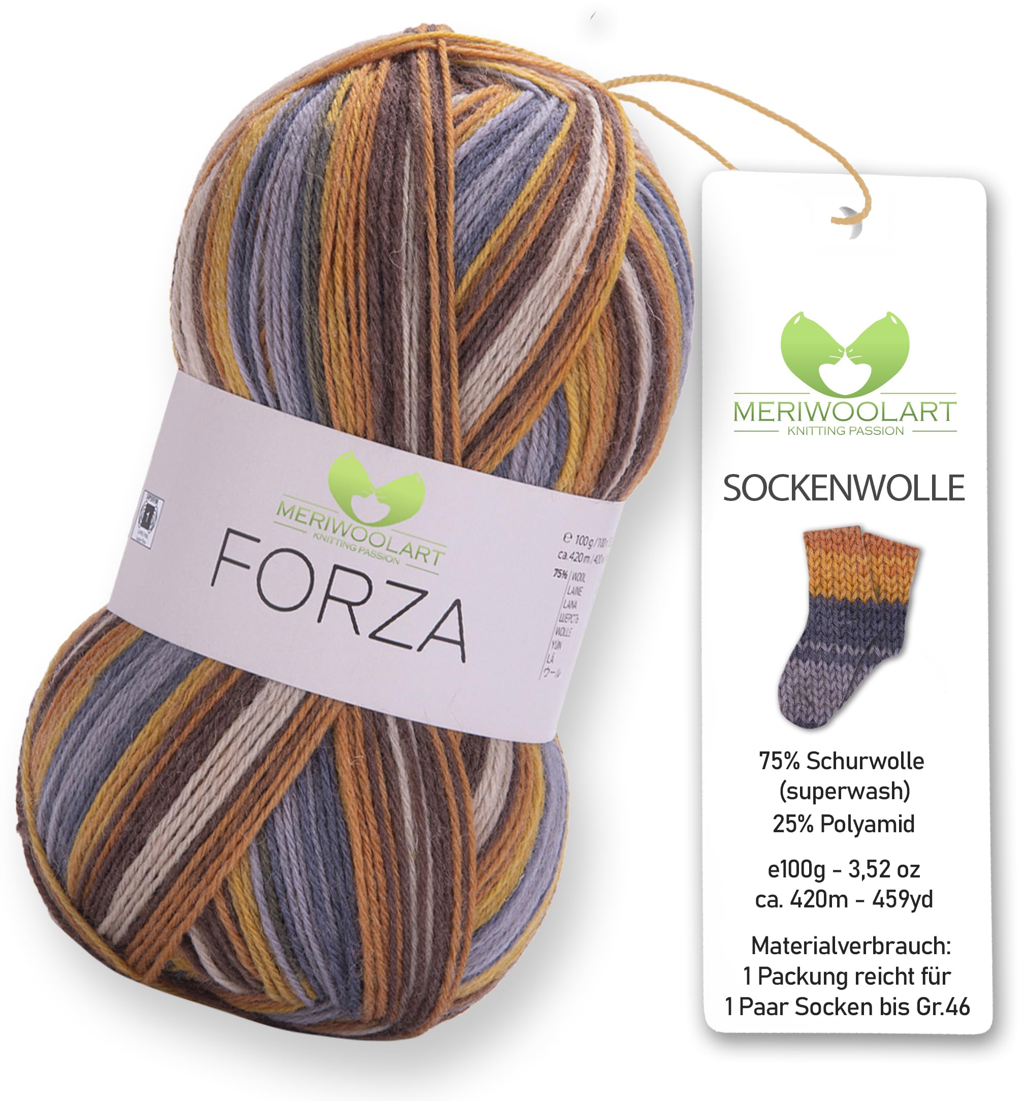 MeriWoolArt® Sock Yarn with 4 Threads – 100g Merino Wool Yarn for Knitting & Crocheting, 75% Virgin Wool (superwash), 25% Polyamide, 420m – Ideal for Socks for Men and Women, Pullovers & Cardigans — image 1