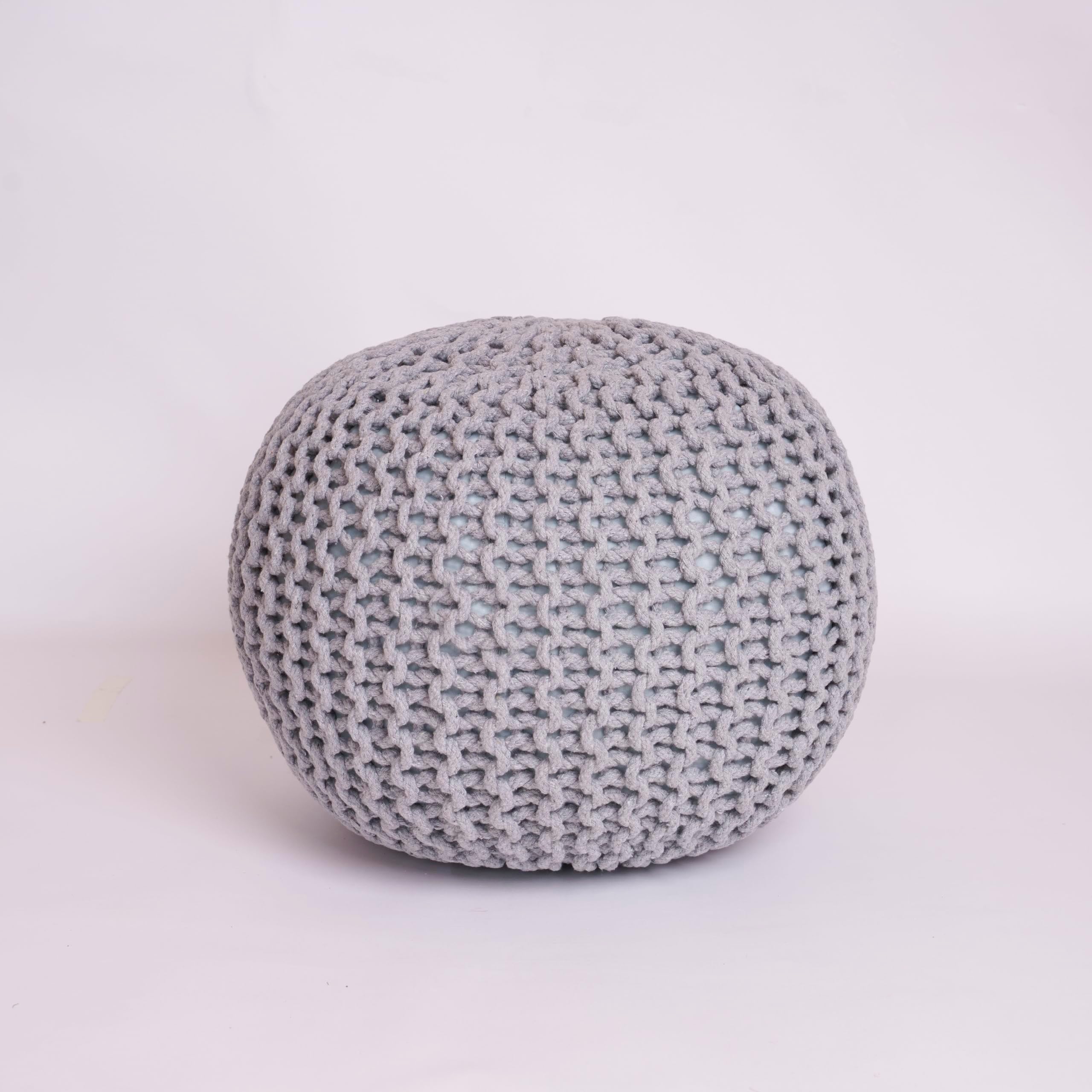 Knitted Round Pouffe Foot Stool Ottoman – Large 100% Cotton Chunky Hand-Knit Pouf with Polystyrene Beads Filling – Soft & Comfortable Footrest and Occasional Seating, 50cm (Silver)
