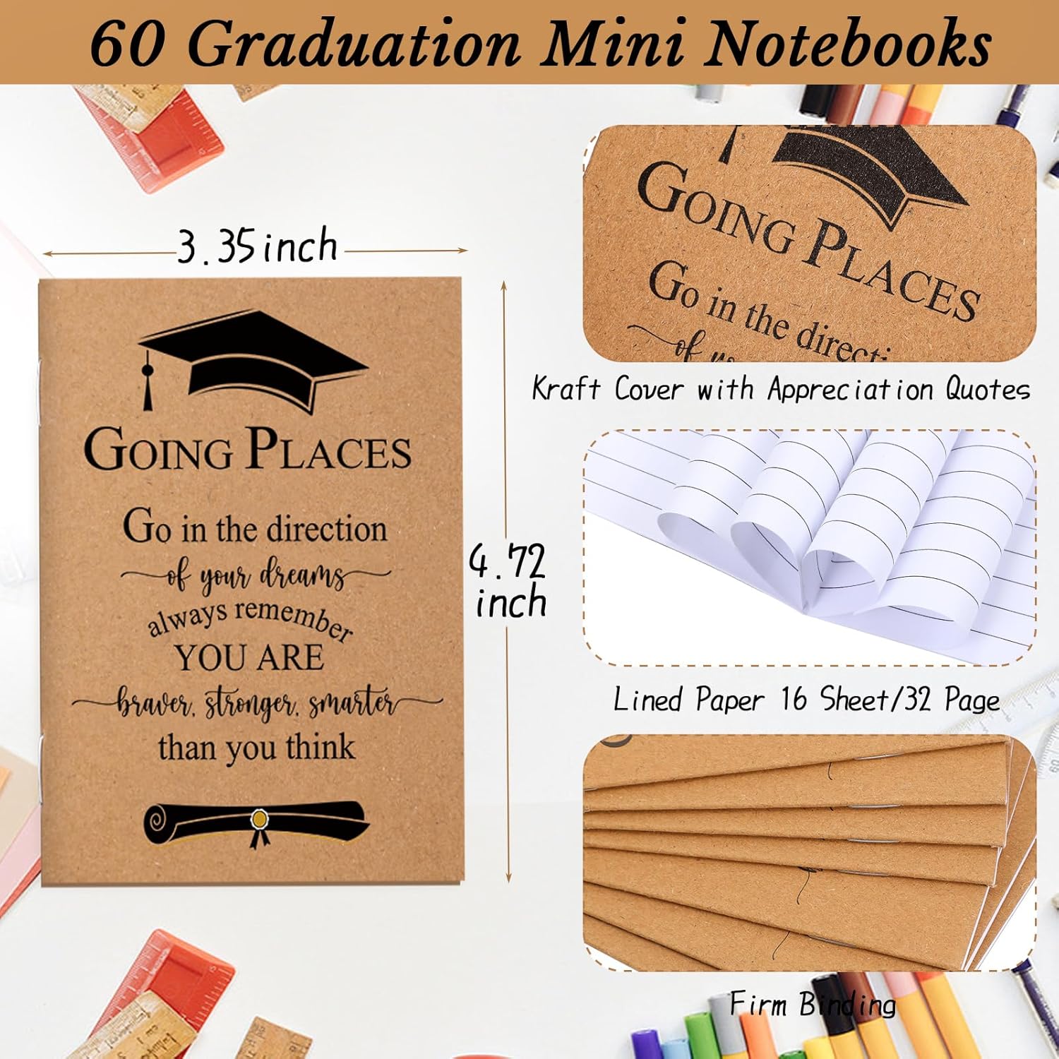 Kosiz Graduation Gifts Motivational Mini Journal Inspirational Bamboo Pen Kraft Notebooks Bulk Wooden Retractable Ballpoint Pen for Class of 2026 College Gifts(120 Pcs,Wooden)