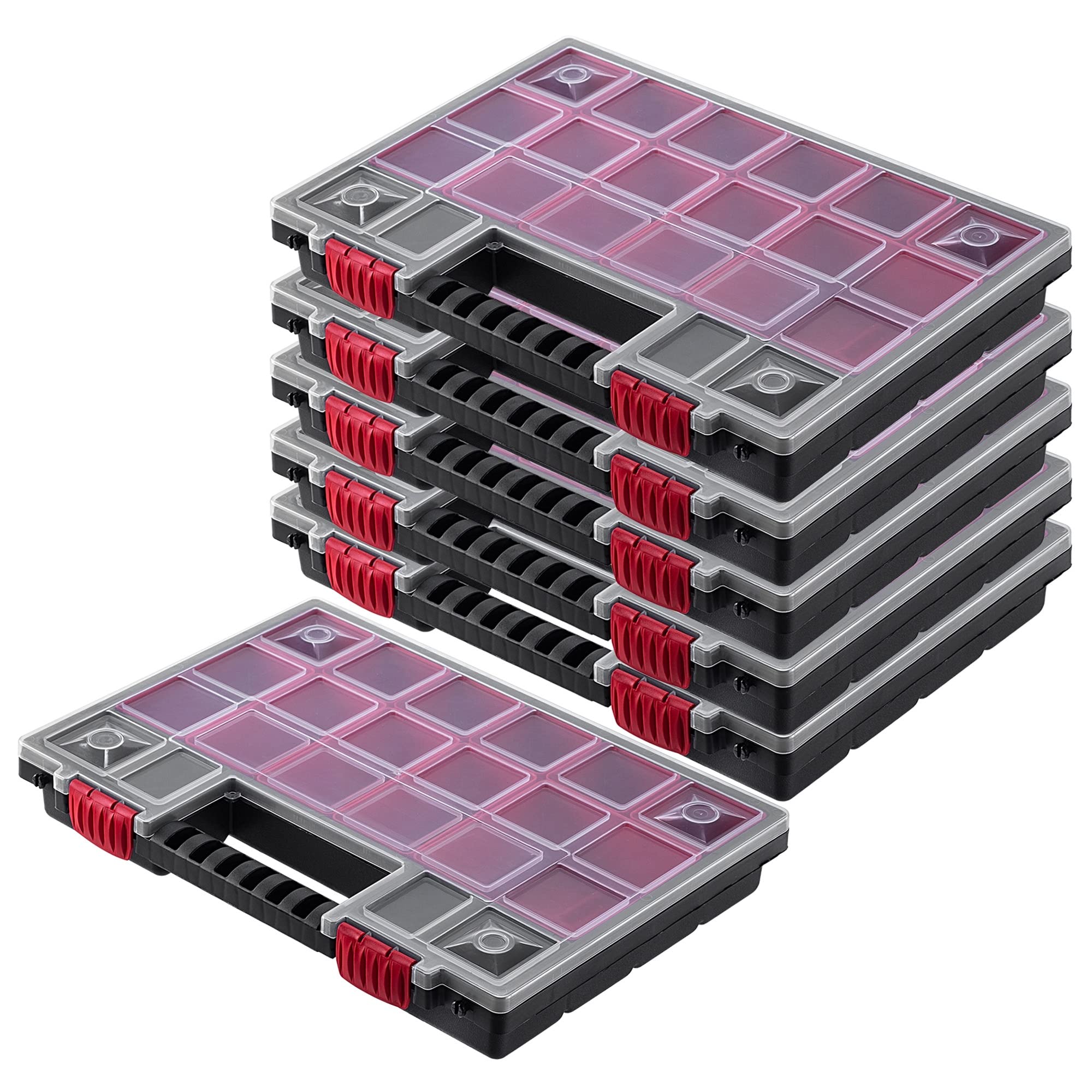 KADAX Organizer con Coperchio Trasparente – Cassetta Porta Minuteria a Scomparti per Viti, Bulloni, Ferramenta, Officina e Garage – Plastica Resistente (34 x 25 cm, 6 Pezzi)
