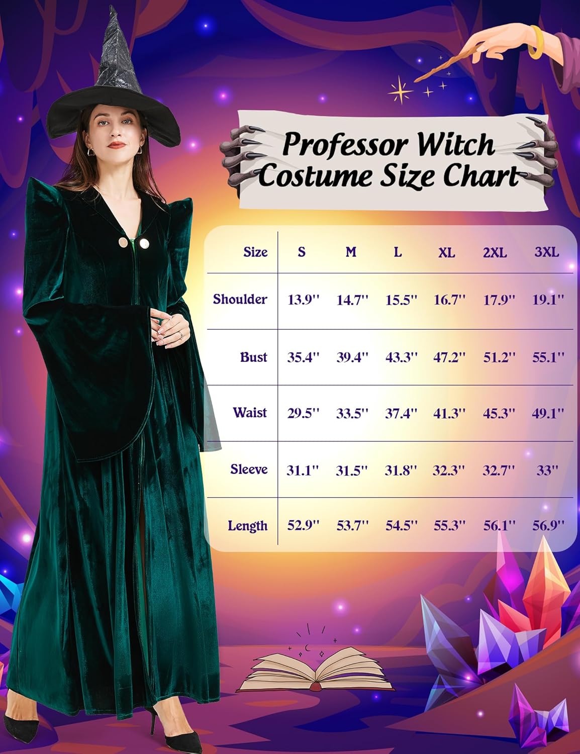 Professor Witch Costume Adult Women Dark Green Velvet Dress Wizard Plus Size Costumes Outfit for Halloween Cosplay