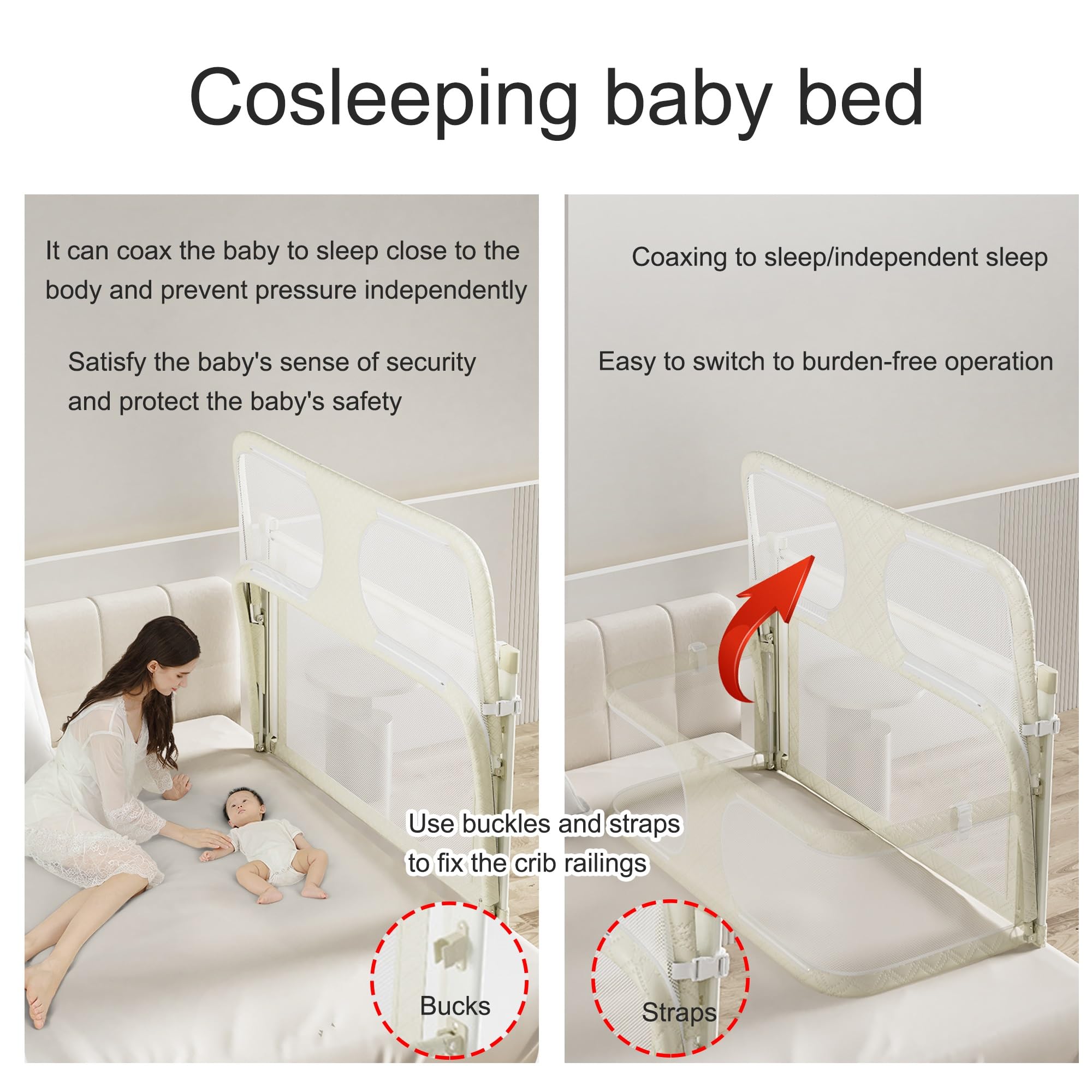 3-in-1-Babywiege, Beistellbett Baby, Babybett, reisebetten Baby, Babyseitenschläfer, atmungsaktives und sichtbares Netzfenster, Babybett am Bett der Eltern befestigt(Milky White)
