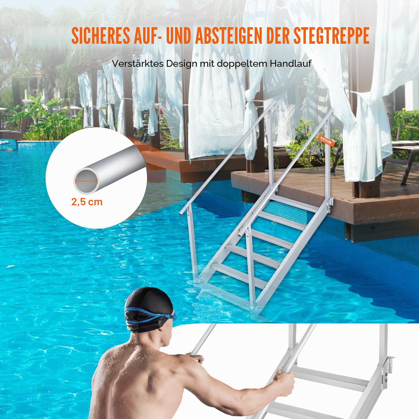 VEVOR 6-stufige Badeleiter mit Zwei Handläufen Bootsleiter 800x1850x2092mm Poolleiter aus Aluminiumlegierung Treppenleiter 250kg Tragfähigkeit 10cm Pedale Ideal für Häfen Boot Schwimmbäder