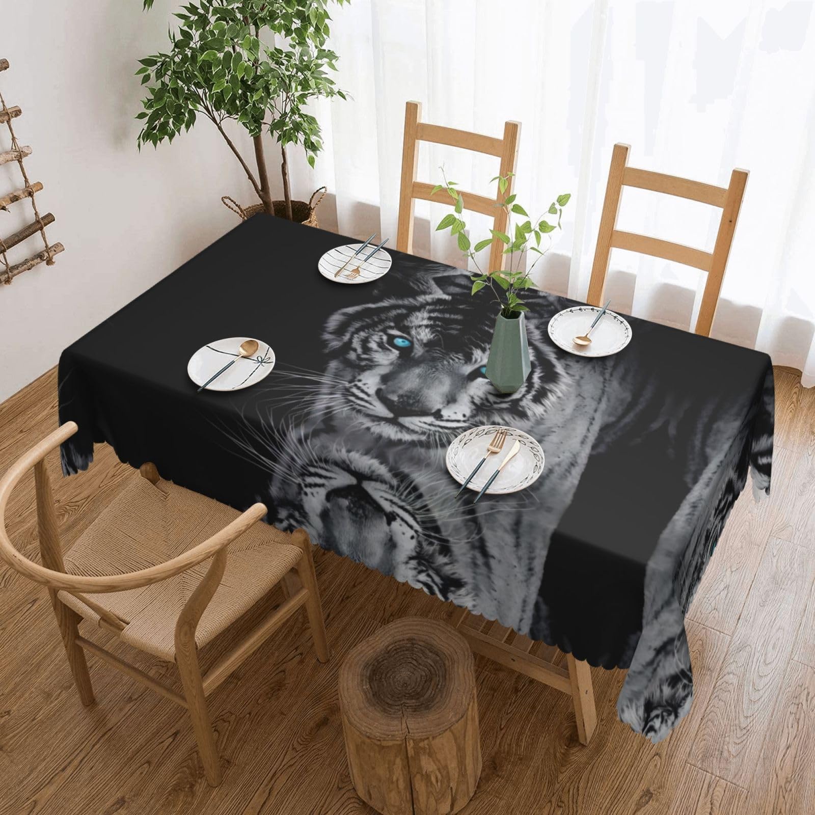 HLSBSSL White Tiger Patterned square lace tablecloth, wrinkle-resistant and durable, suitable for dining tables, parties, etc.