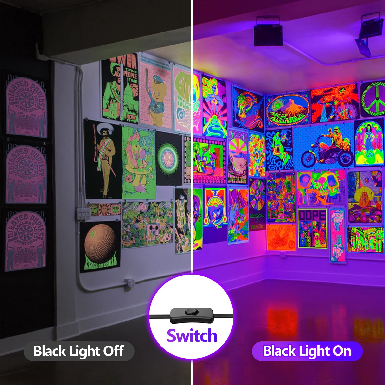 4-Pack 36W LED Black Light Bars For Glow Party - 72 LEDs Each, UV Flood Light With Plug & Switch