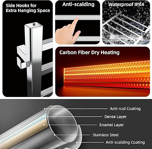Miniatura 12 de P&Bhusri Toallero calefactable, calentador de toallas de 10 bares para baño, calentador de toallas montado en la pared, toallero eléctrico con Negro