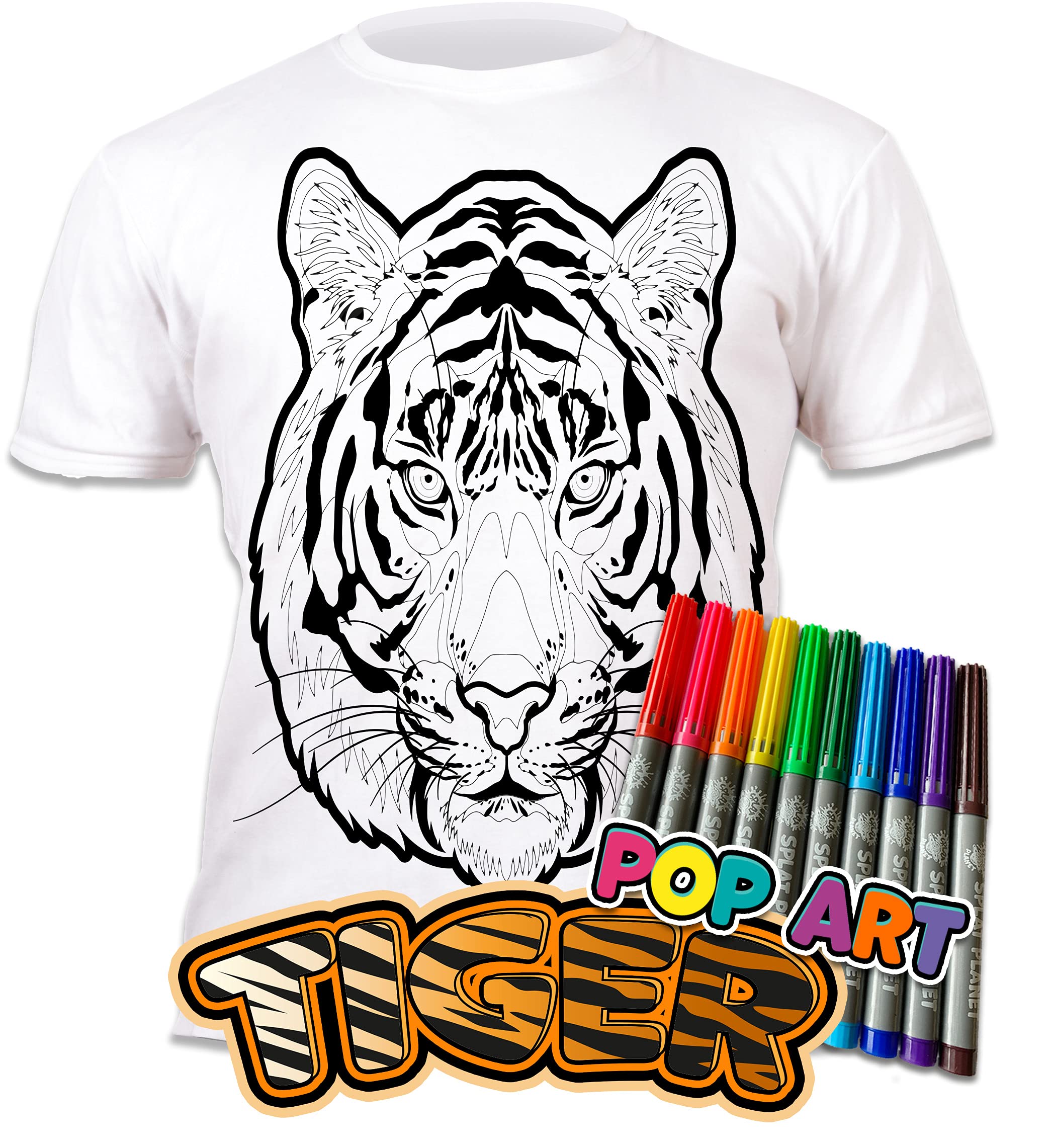 Splat Planet Colour-in Tiger Pop Art T-Shirt with 10 Non-Toxic Washable Magic Pens - Colour in and Wash Out T-Shirt (3-4 Years) White - Image 3