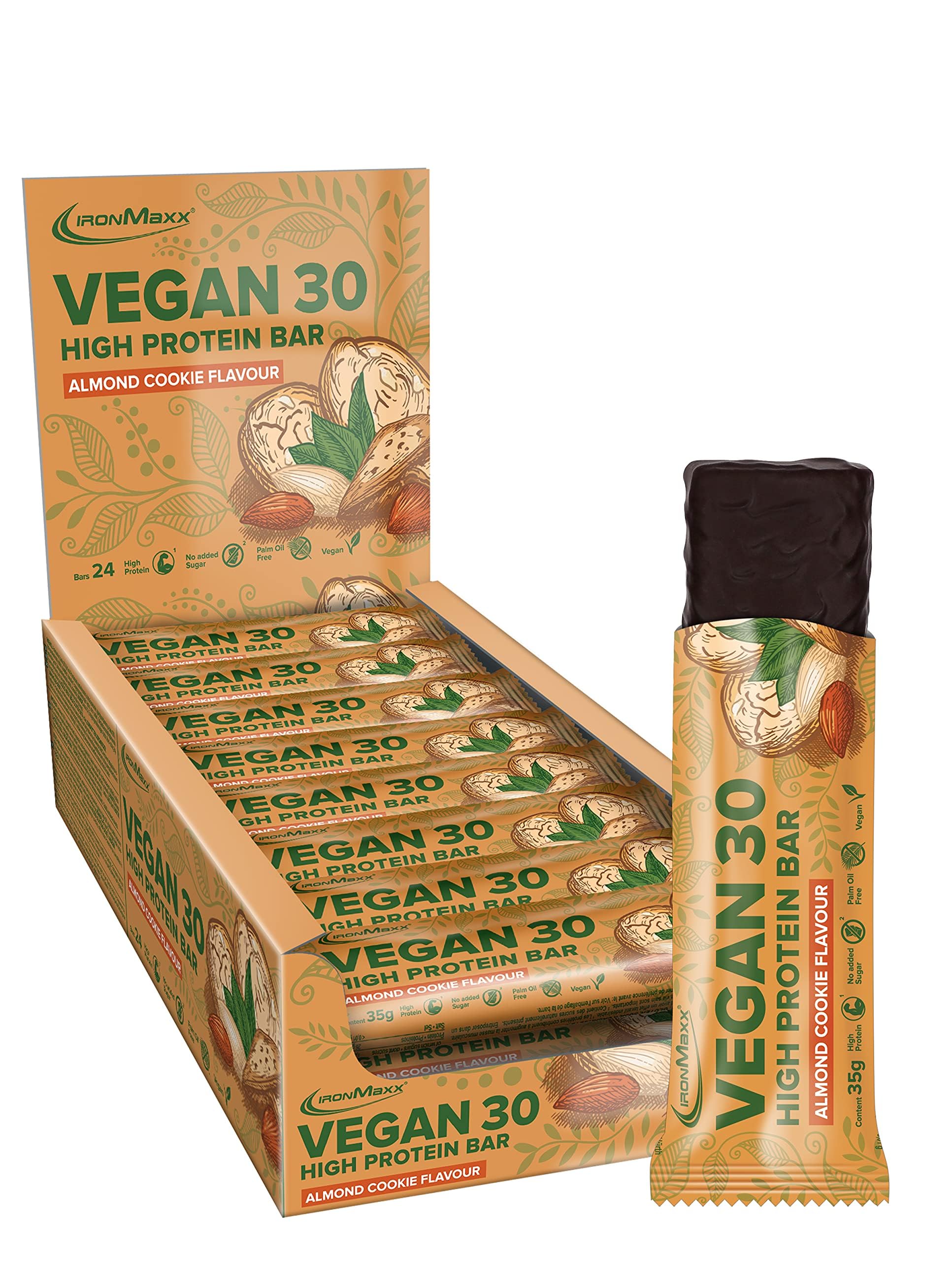 IronMaxx – Barre Protéinée – Vegan 30 Biscuit aux Amandes 24 x 35 g – Barre protéinée sans sucre, protein bar vegan, snack protéiné
