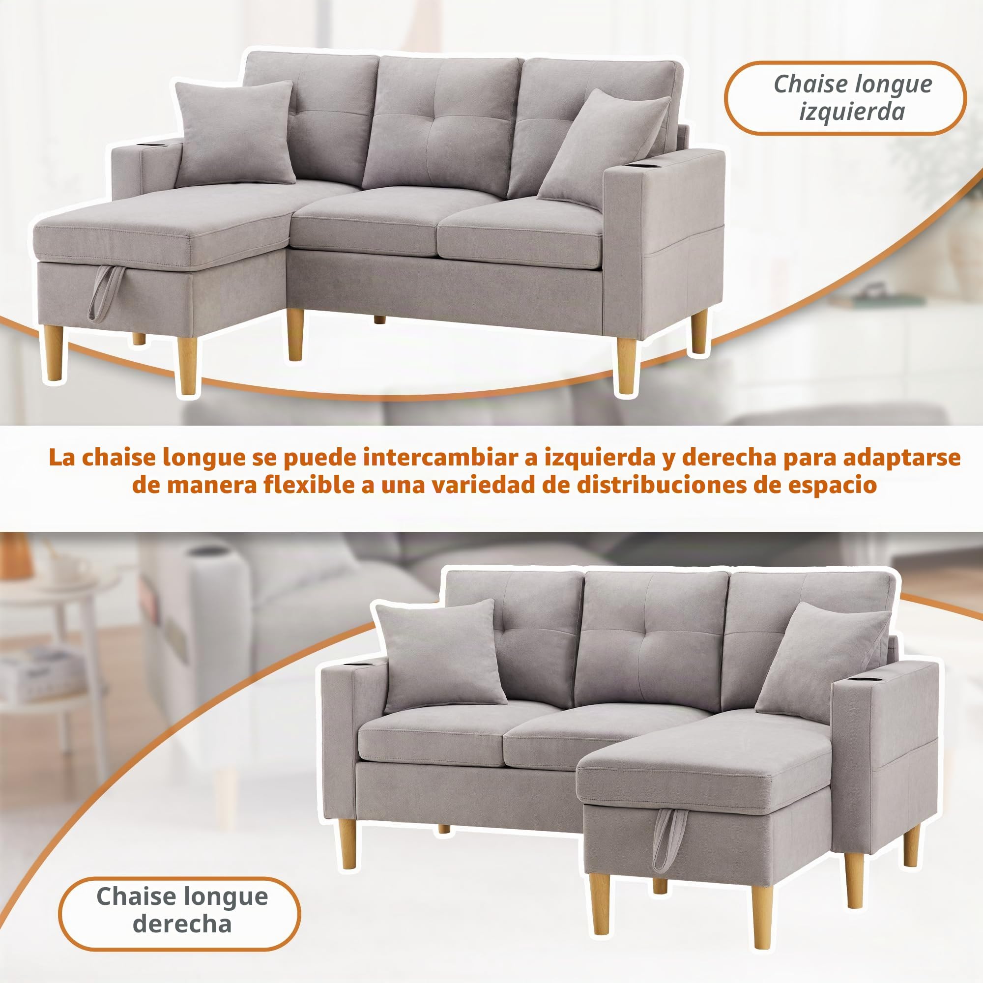 Sofá moderno en forma de L, sofá de 3 plazas con chaise longue, espacio de almacenamiento, soporte integrado para bebidas, viene con 2 almohadas, adecuado para salón, oficina, apartamento, etc., 175 x