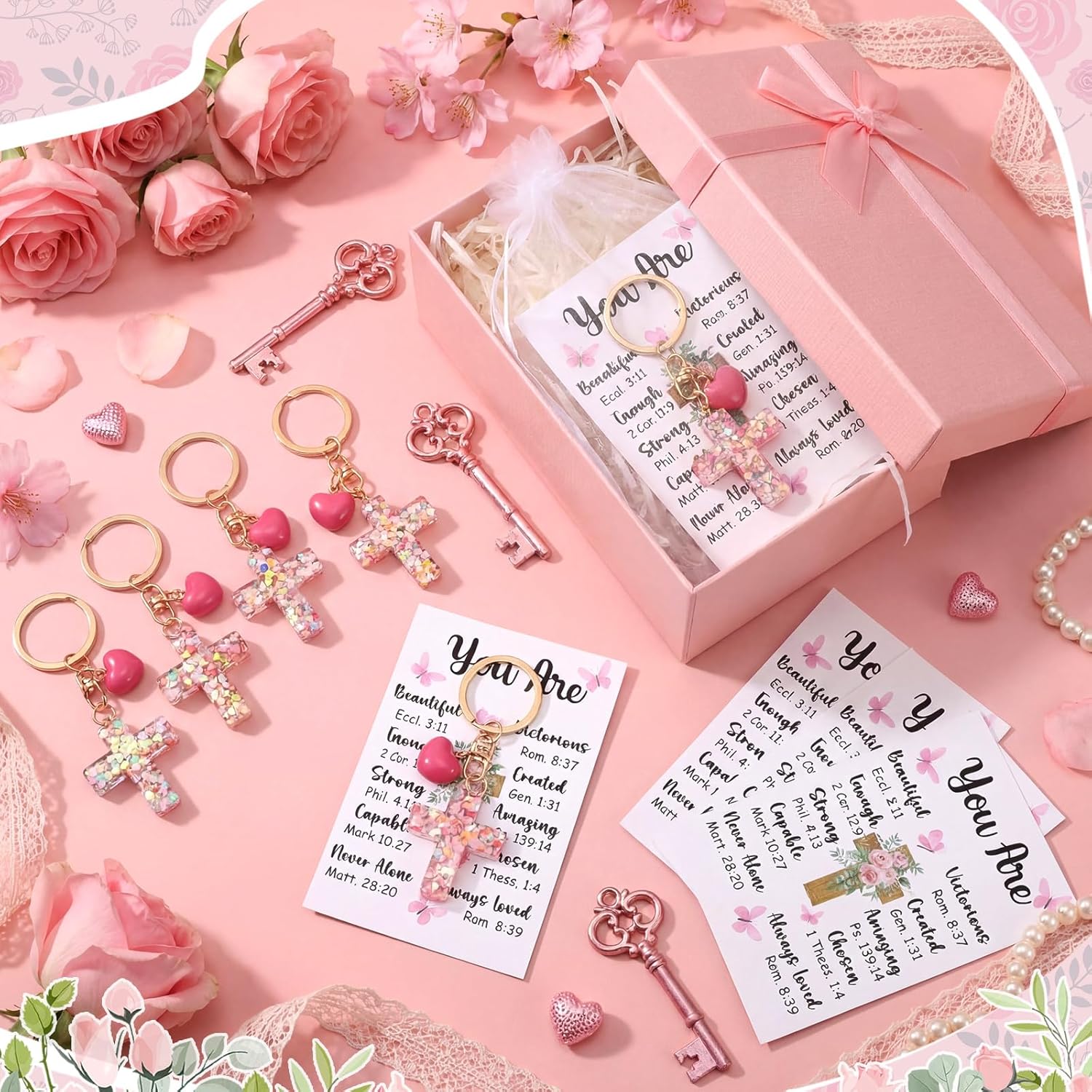 Nosiny 72 Pcs/24 Sets Christian Cross Keychain Gifts Bulk Women's Day Resin Religious Cross Keychain Church Mothers Gifts Bible Verse Cards with Organza Bags for Mom Friends Church Party Favors - Image 3
