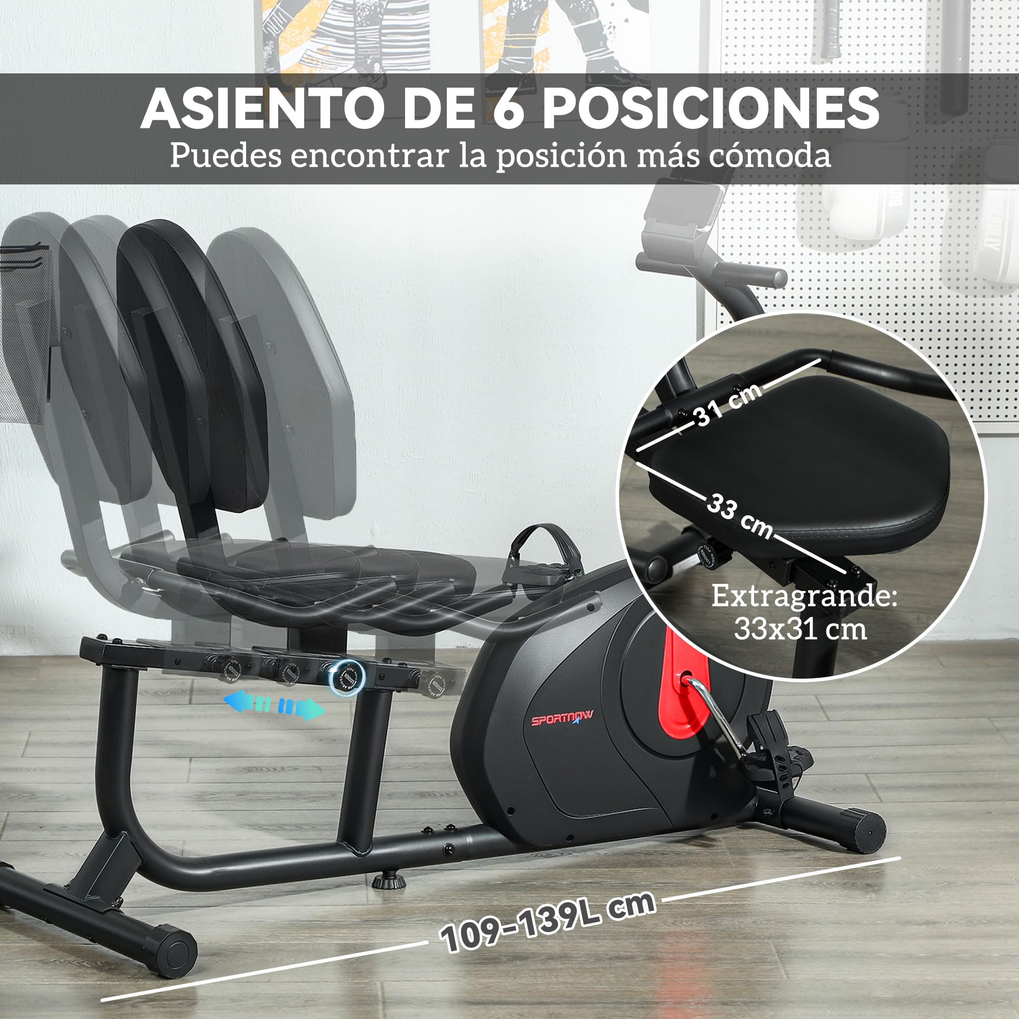 SPORTNOW Bicicleta Estática con Respaldo Reclinada 8 Niveles Resistencia | Volante, Asiento Regulable, Soporte para Teléfono, Pantalla LCD, Ruedas, Ideal para Entrenamientos