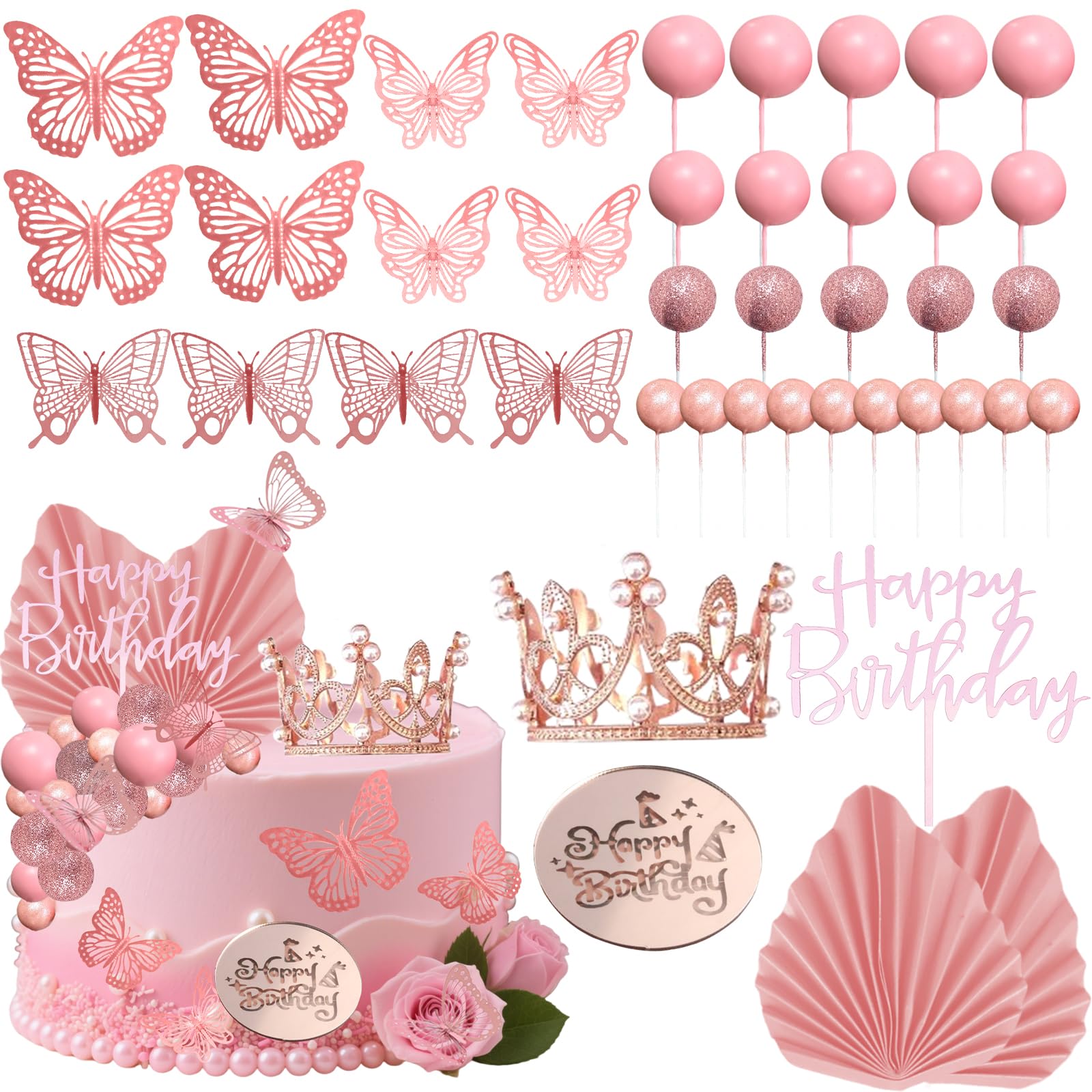 Tazuxetuqe 42Pcs Rose Balls With Crown Design, Cake Topper Featuring Butterfly Tiara For Birthday Cakes, Suitable For Weddings, Baby Showers And Other Celebrations