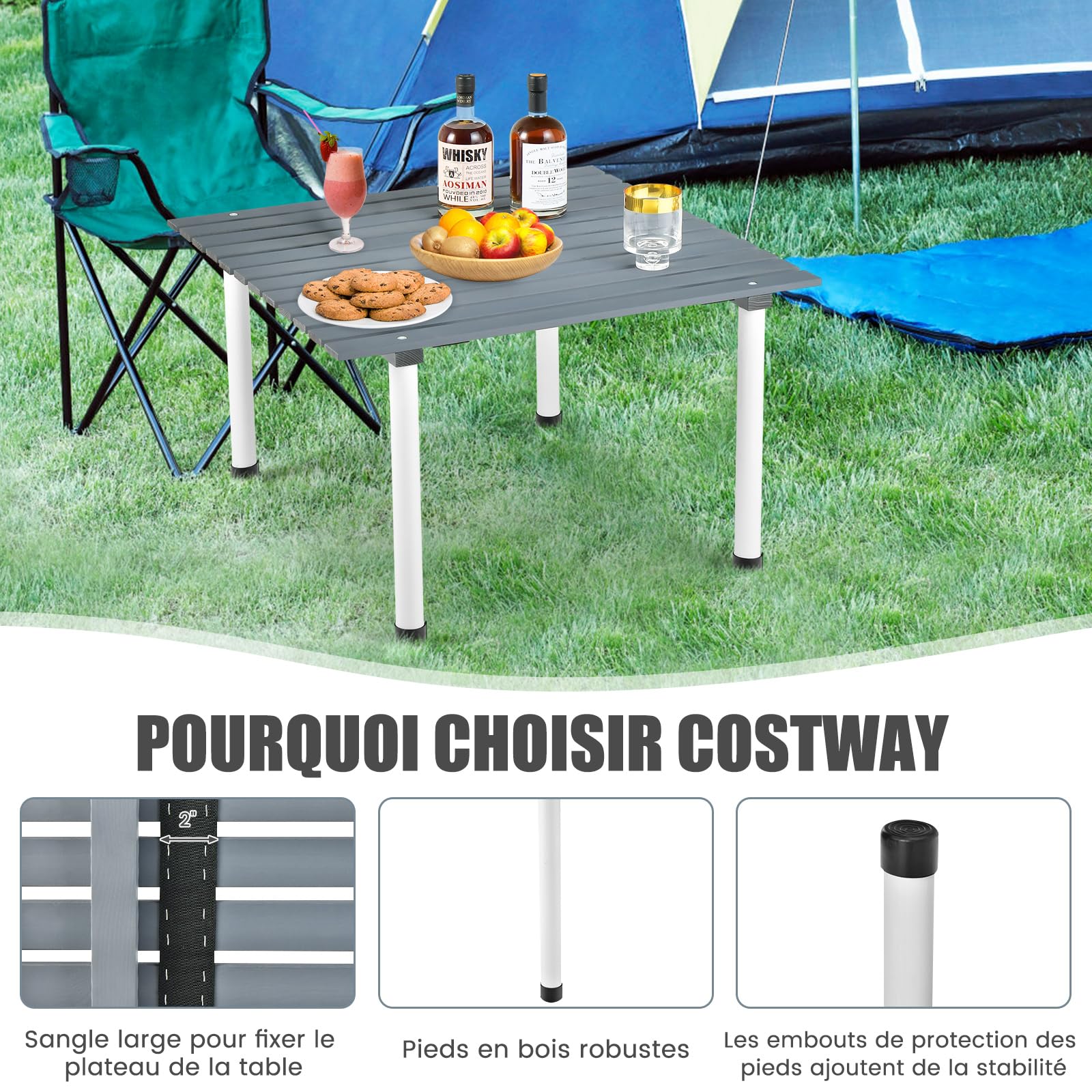 Table Camping Pliante Table De Camping COSTWAY Pliante - 122x61 Cm - Hauteur Réglable 3 Positions - Charge 150 Kg Table Pliante HDPE 150kg