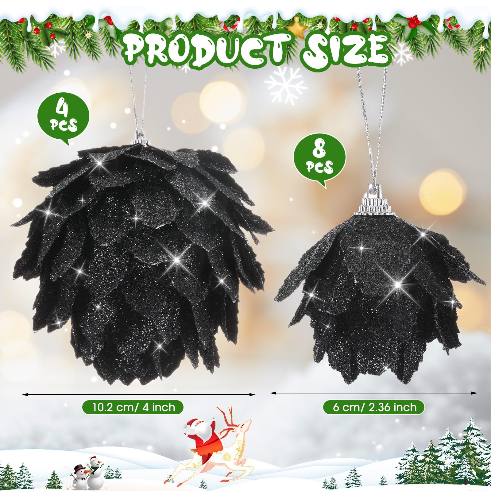 Syhood 12 adornos de bolas de Navidad con purpurina, decoración de árbol de Navidad, bolas de piña colgantes, conos de pino rústicos para Navidad, fiesta de invierno, vacaciones, boda, decoración del