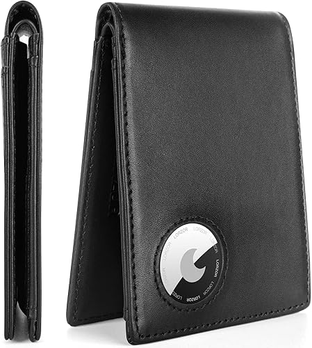 LORZOR Billetera para hombre con soporte para AirTag delgada y minimalista plegable de cuero de grano superior para hombre cartera de bolsillo