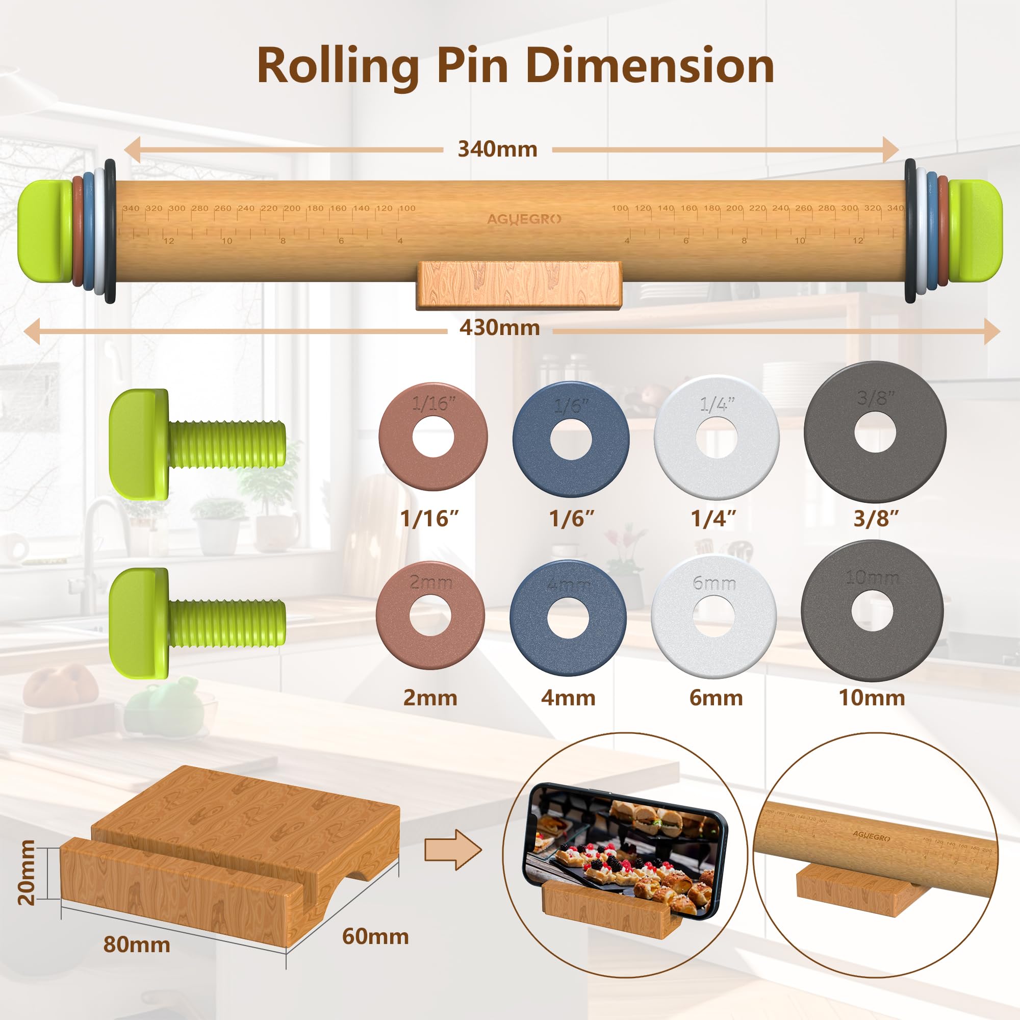Rodillo con anillos de grosor ajustable y alfombrilla de repostería para hornear, fondant, pizza, pastel, galletas, pasteles, 13.6 pulgadas con 4 anillos de grosor multicolor y base de madera