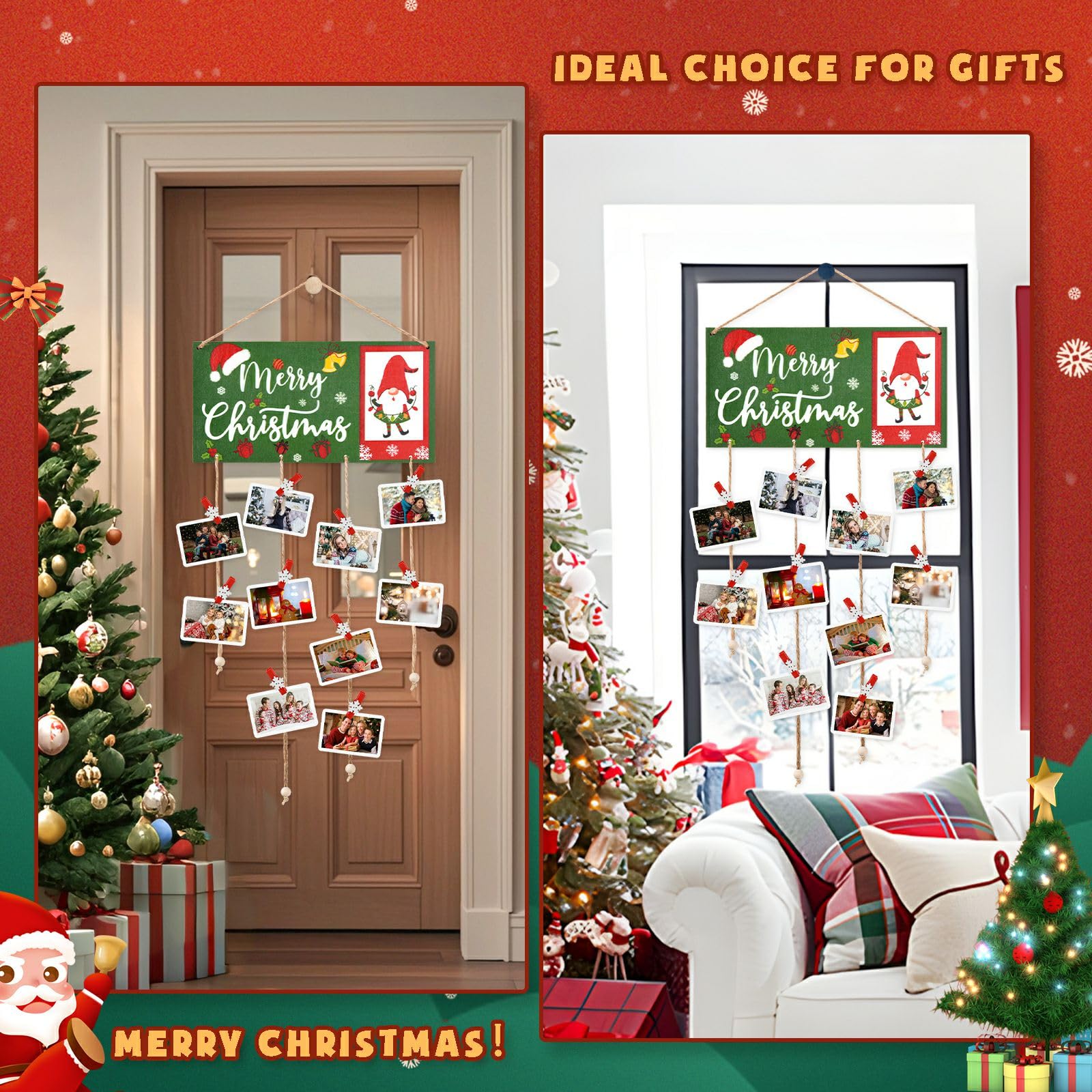 Daketle Christmas Card Holder Wooden Merry Christmas Wall Hanging Picture Holders with 30 Snowflake Wooden Clips for Christmas Home Office Crafts Display (Christmas, Green)