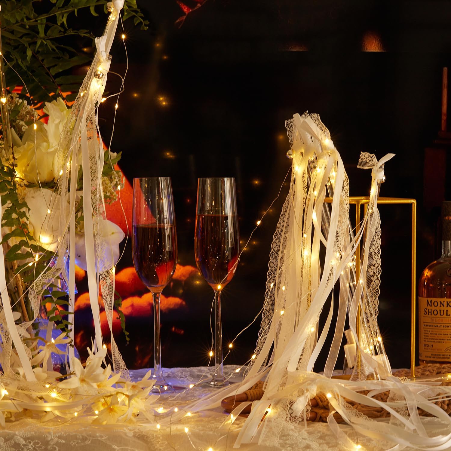 OGU' DEAL LED Ribbon Wedding Wands Sticks Lace Streamers Party Ribbon Streamers with Bells Silk Fairy Stick Wands for Wedding, Party, Holiday, Activities（White,50PCS