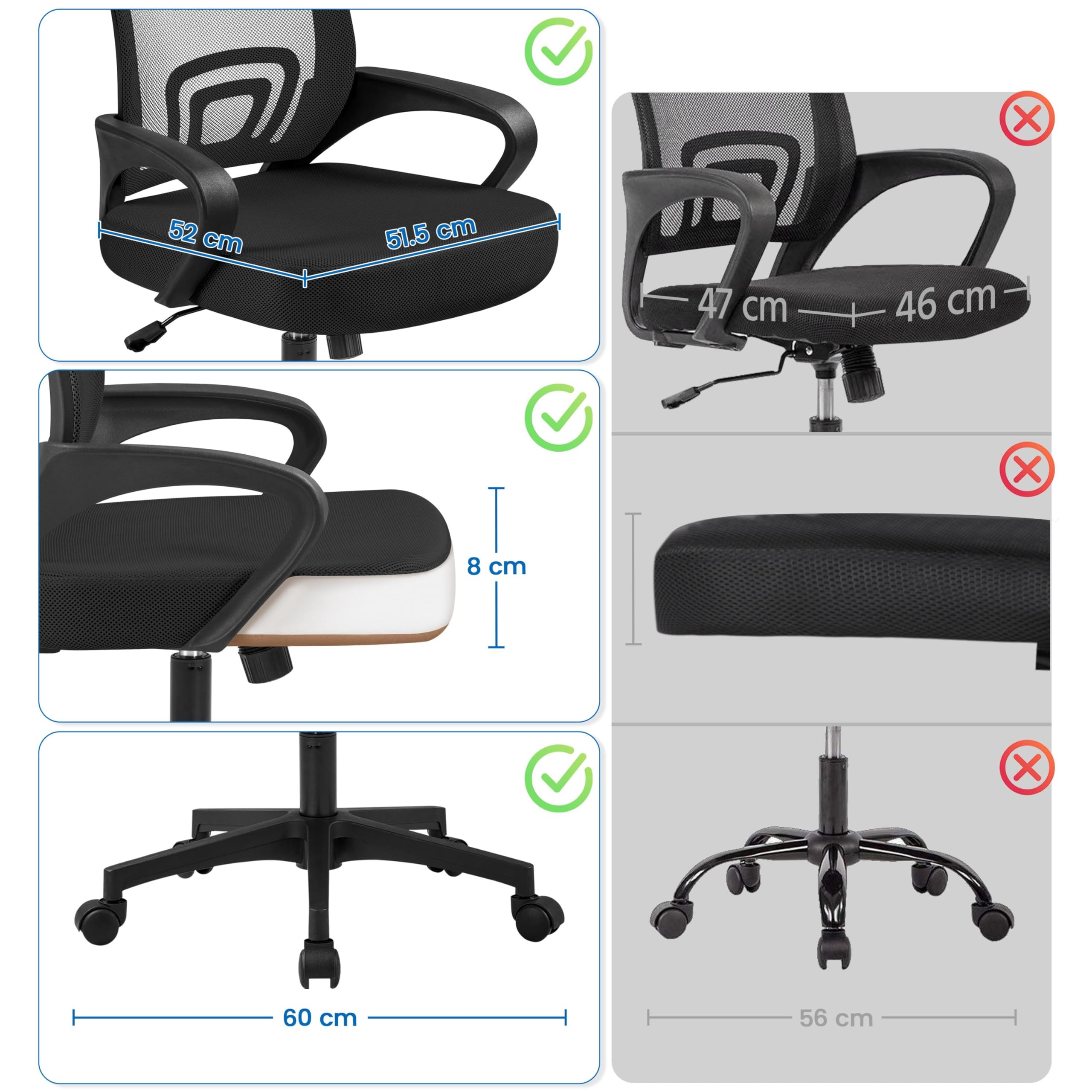 Yaheetech - Silla de Oficina ergonómica con Altura Ajustable, Silla de Oficina reclinable, Asiento y Base más Ancha, con Ruedas giratorias, Color Negro