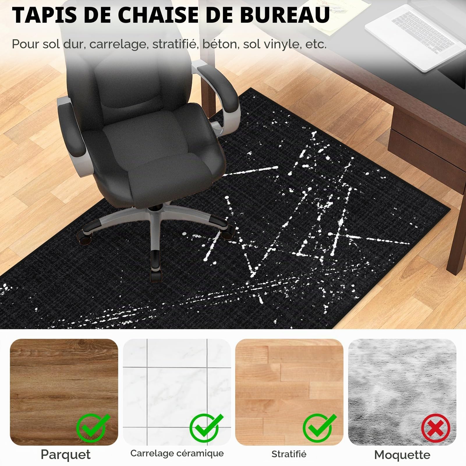 Tapis de chaise de bureau pour plancher en bois dur : 91,4 x 122,9 cm, noir, tapis de chaise de bureau pour fauteuil roulant, antidérapant, résistant à la saleté et lavable en machine, tapis de