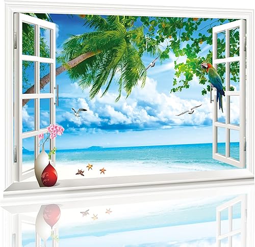 SIJIFACAI Adhesivo de pared para ventana falsa murales de pared autoadhesivos calcomanía de pared 3D loro 3D paisaje marino jarrón estéreo