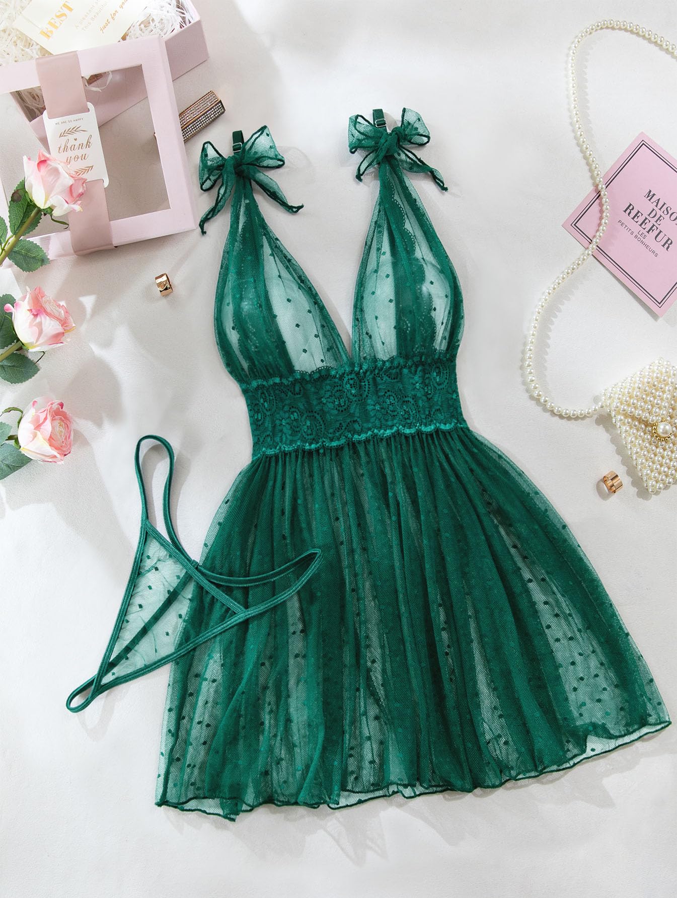 Lilosy Sexy Polka Dots Mesh Sheer Lace Babydoll Chemise Lingerie Set Floral Sleep Wear: 3X-Large Army Green