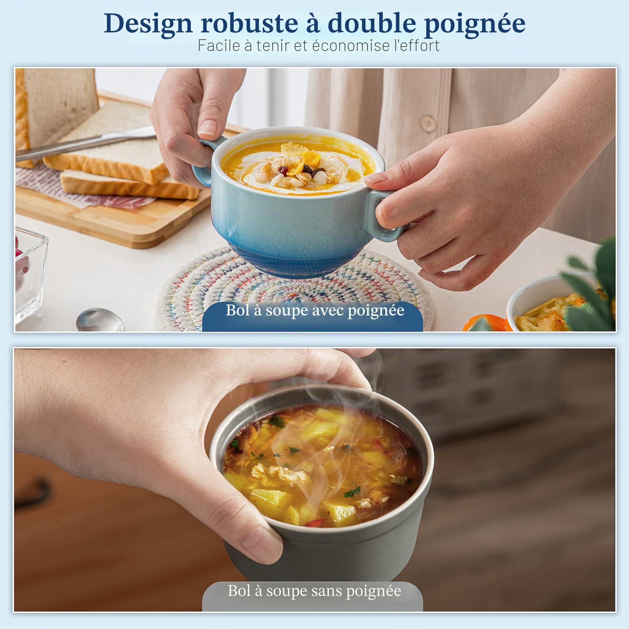 LOVECASA, Tasse à Bouillon avec Anses, 420ml, Bols à Soupe Céréales en Céramique 6 pièces, Passe au Lave-Vaisselle et au Four - Multicouleur
