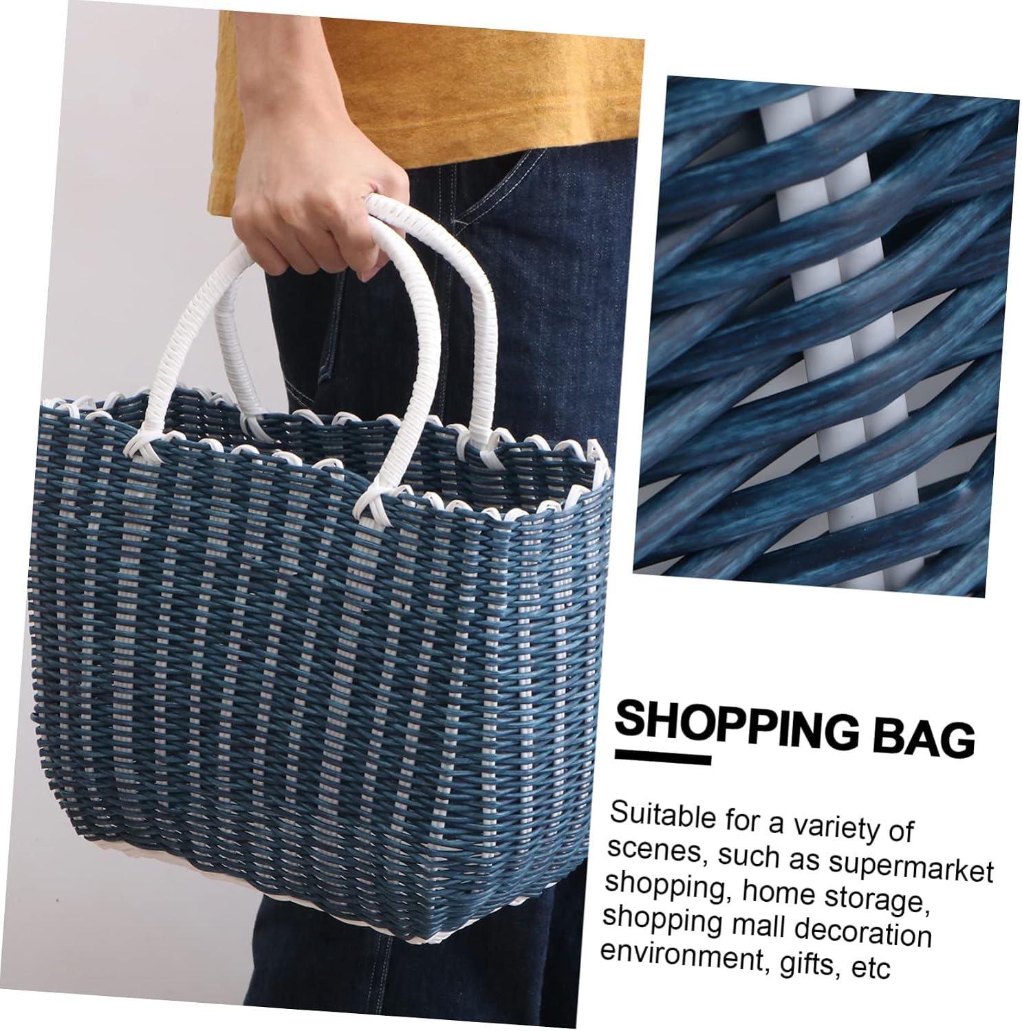 1Pc Woven Storage Basket Portable Plastic Shopping Basket with Sturdy Handles for Household Organization and Convenient Carrying