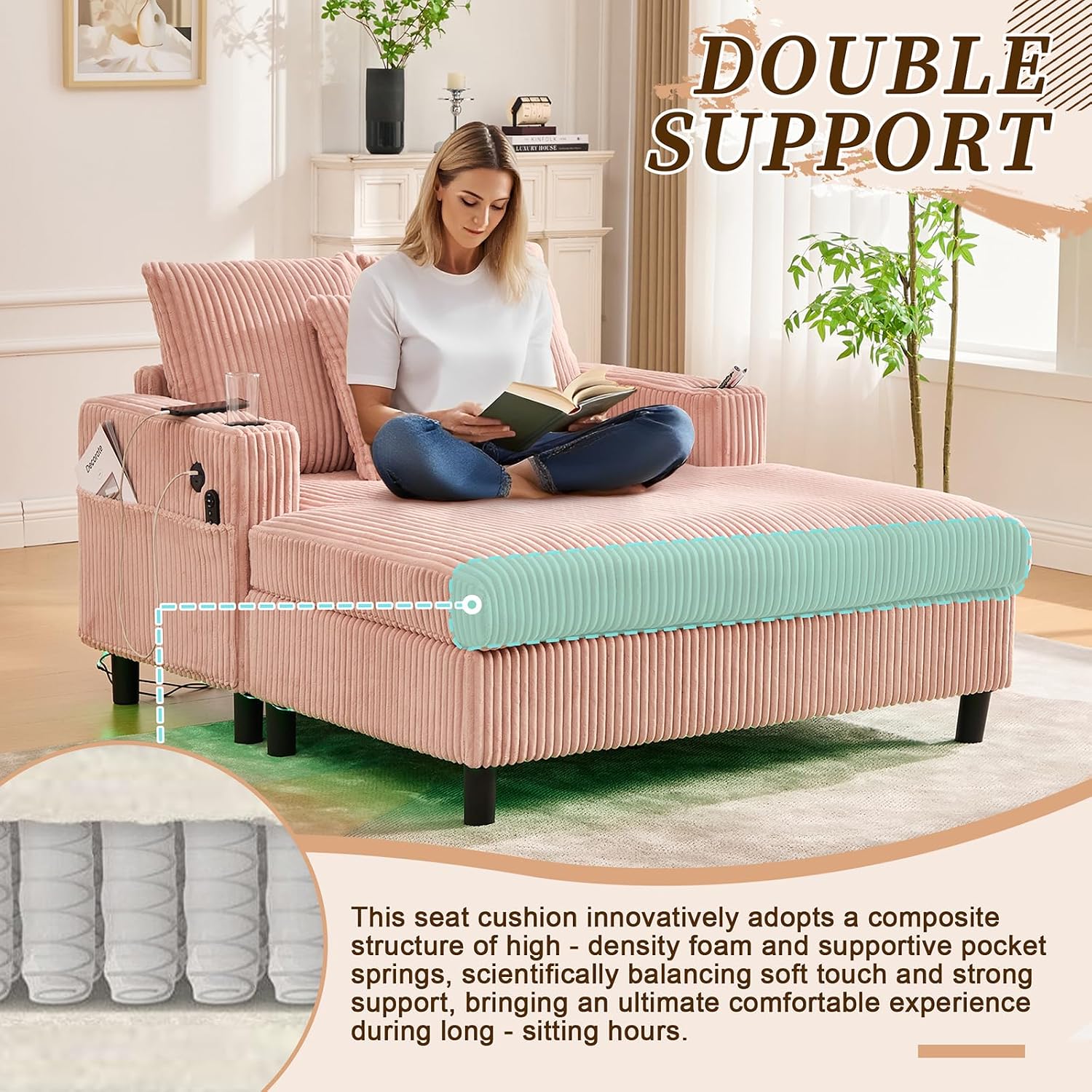 Corduroy Chaise Lounge Chair with LED Lights, USB/Type-C Port, Upholstered Sleeper Chair Indoor with 2 Cup Holders and 4 Pockets, Modern Oversized Single Sofa Bed for Living Room, Bedroom, Pink