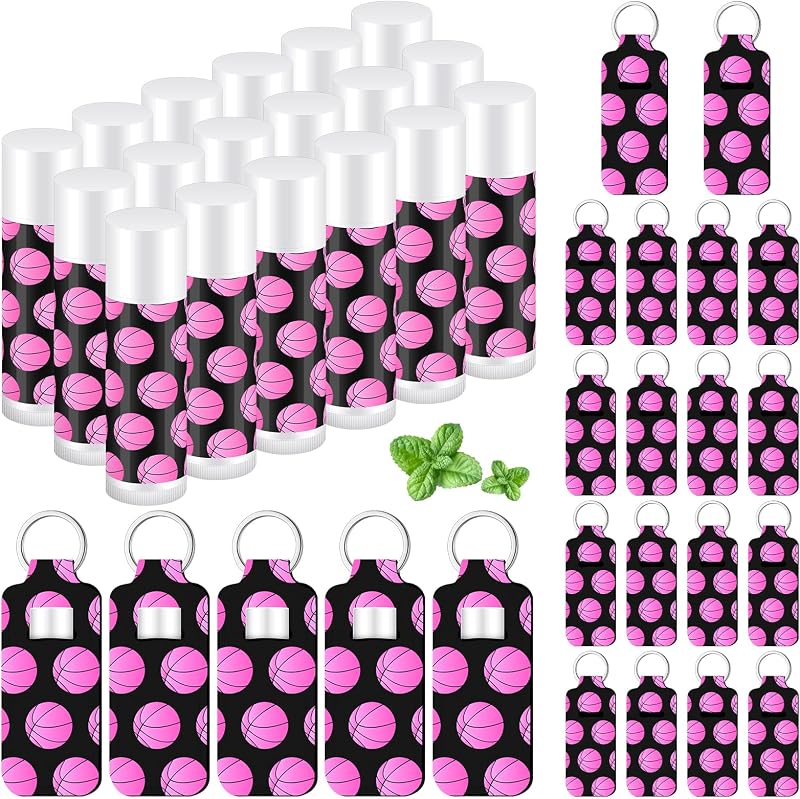 Kit Swiffen com 18 bálsamos labiais em bastão e 18 chaveiros porta-bálsamo, tema basquete, rosa