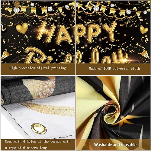 Miniatura 2 de Cartel de fondo de feliz cumpleaños extra grande de tela negro dorado cartel cartel fondo de cabina de fotos para hombres mujeres cumpleaños