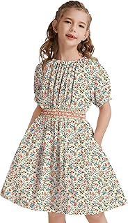 Girls Floral Smocked Waist Dress Church Holiday Playwear Soft Midi Dress with Pockets - Buy now