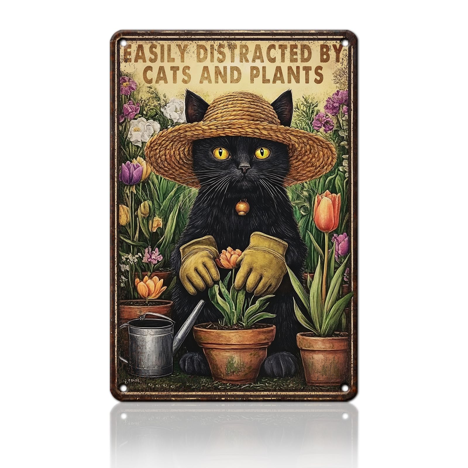 Anceky Easily Distracted by Cats and plants Sign Funny Metal Tin Sign Retro Wall Decor for Cafe Bar Garage Kitchen Bedroom 12×8 Inch