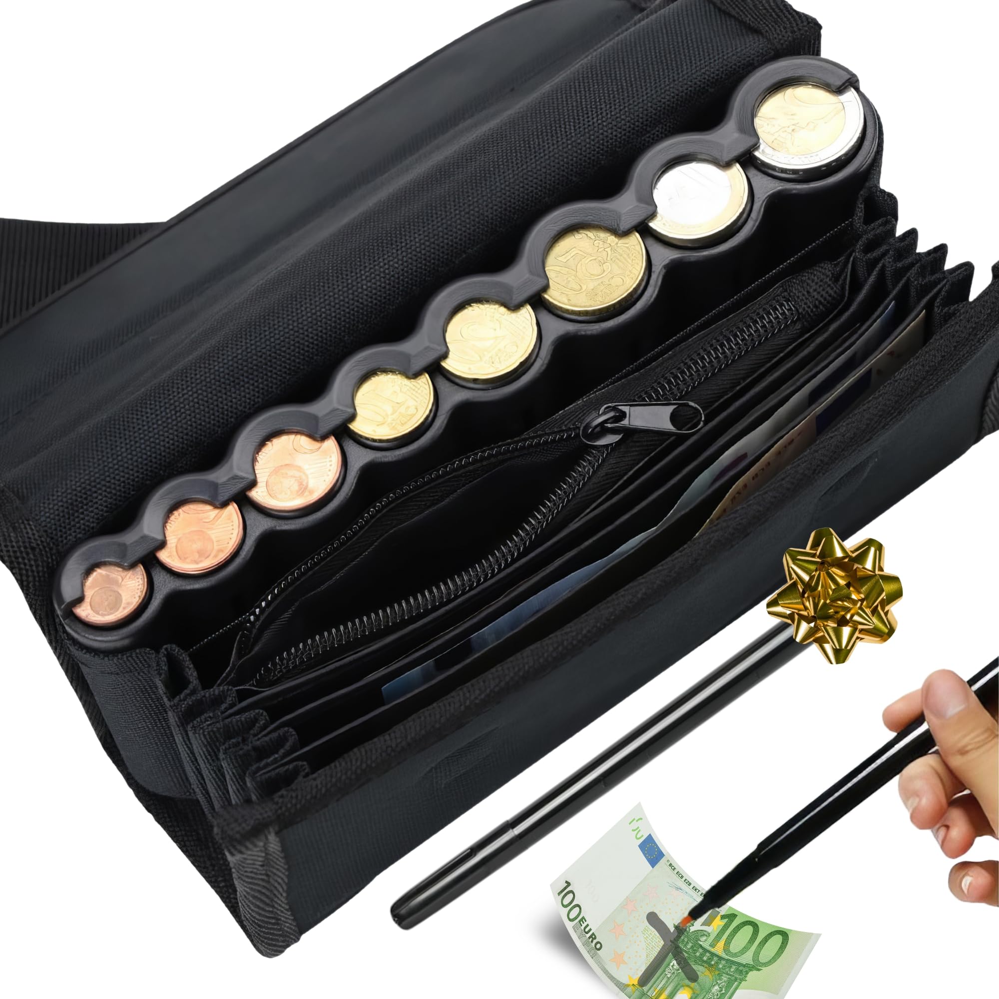 ️ Cartera Dispensador de Monedas y Billetes + Bolígrafo Detector Billetes Falsos - Riñonera Camarero y Dispensador de Monedas para Taxi, Camareros, Vendedores (Negro + Riñonera)