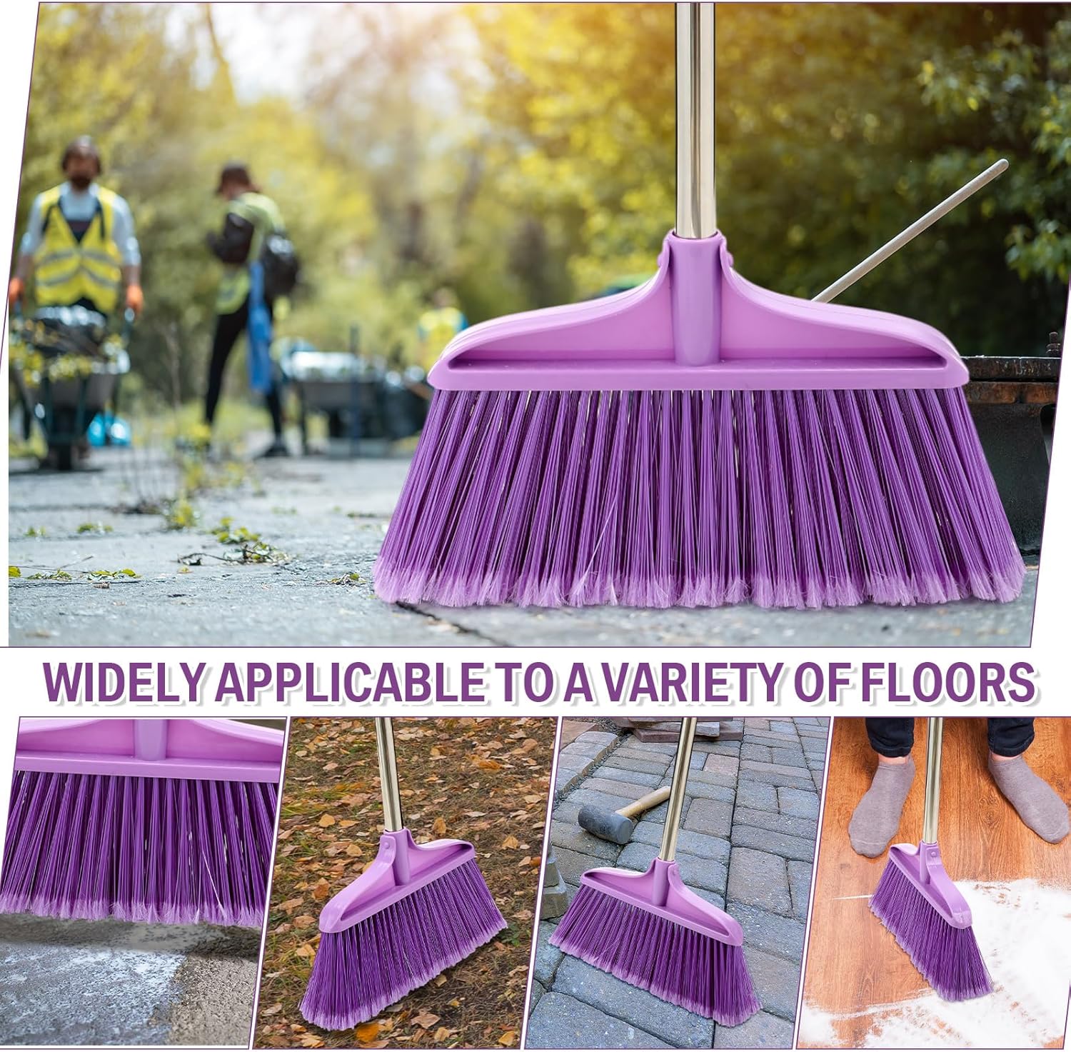 Lasnten Lasnten 8 Pack Heavy Duty Broom for Indoor Outdoor 49 Inches Commercial Broom with Stainless Steel Detachable Long Handle Commercial Cleaning Tools for Home Garage Office Patio Floor, Purple