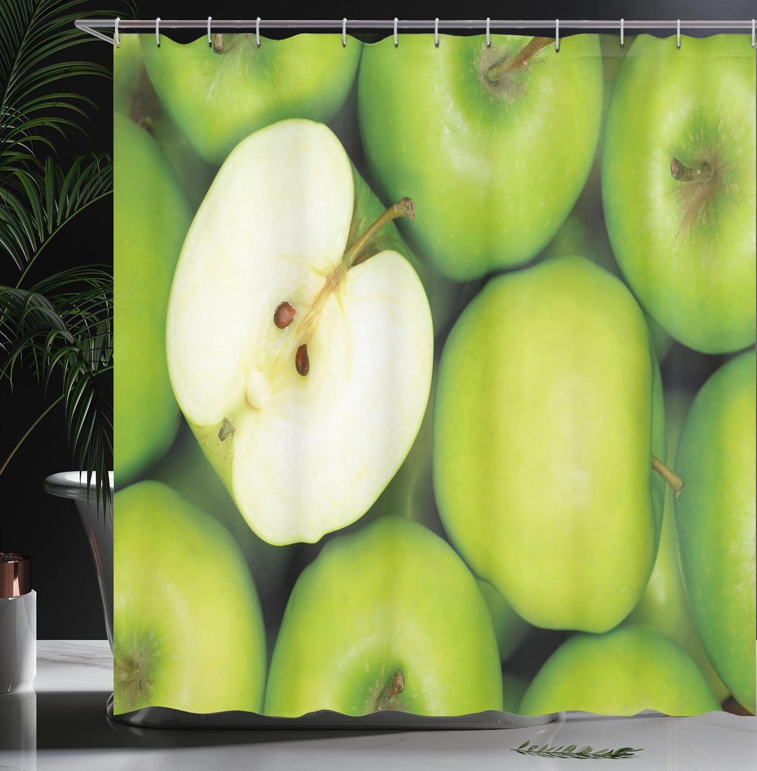 Ambesonne Fruits Shower Curtain, Closeup Photo Pile of Green Apples Snack Eating Whole and a Halved Print, Cloth Fabric Bathroom Decor Set with Hooks, 69" W x 70" L, Apple Green and Cream